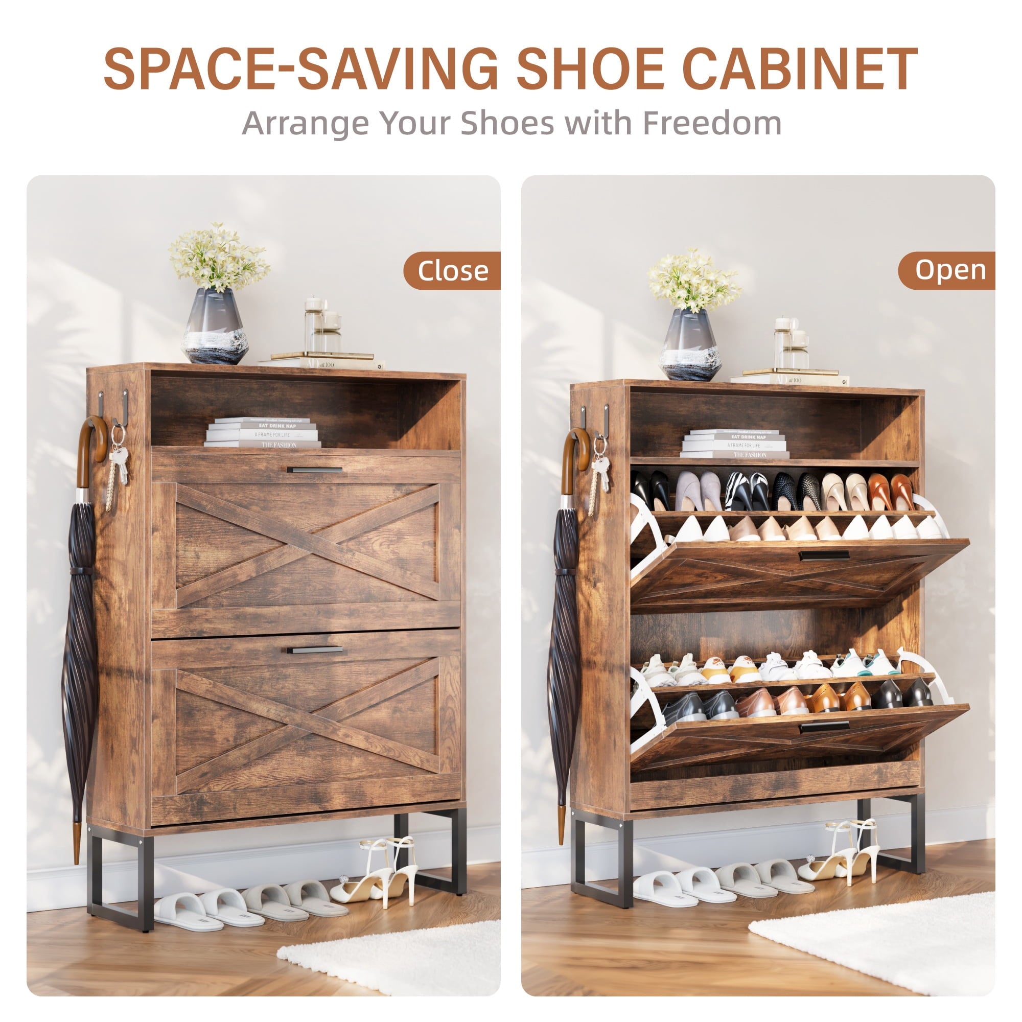 Furnibear Shoe Cabinet with Flip Door Shoe Storage and Adjustable Shelves for Entryway and Closet, Burnt Wood