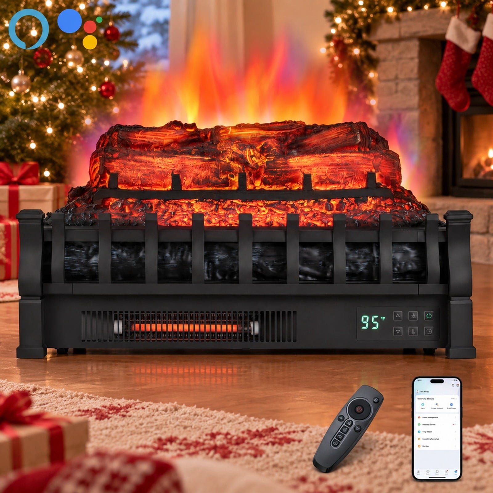 Fenbeli 23 WiFi Fireplace Insert Pinewood Set with App and Remote, Metal Resin Frame, 23 x 8.9 x 12.6 Cord Length 5.8 ft Footprint, Black
