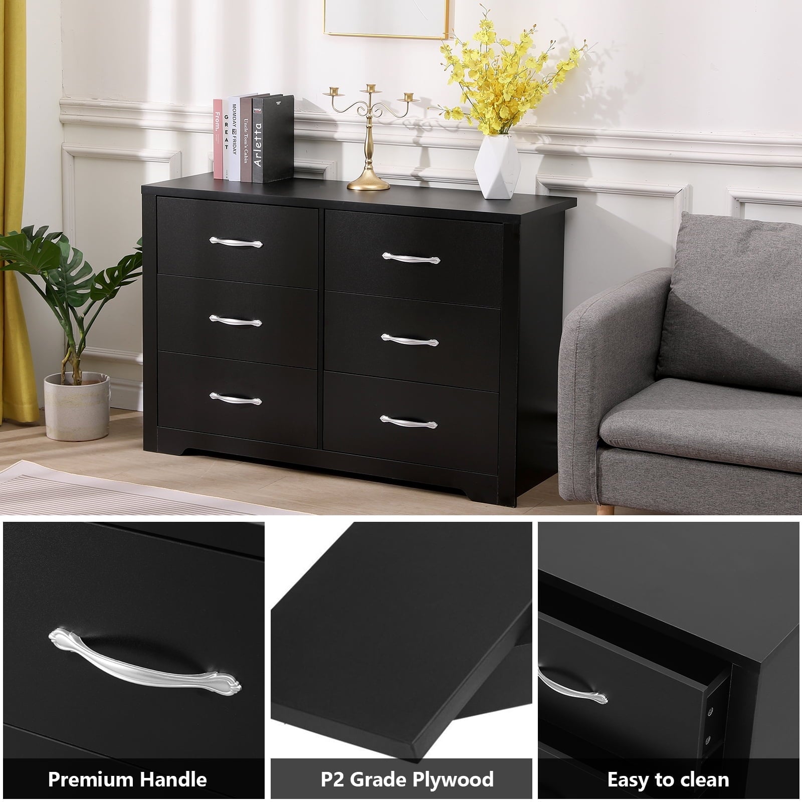 Fenbeli 6 Drawer Dresser, Black Finish