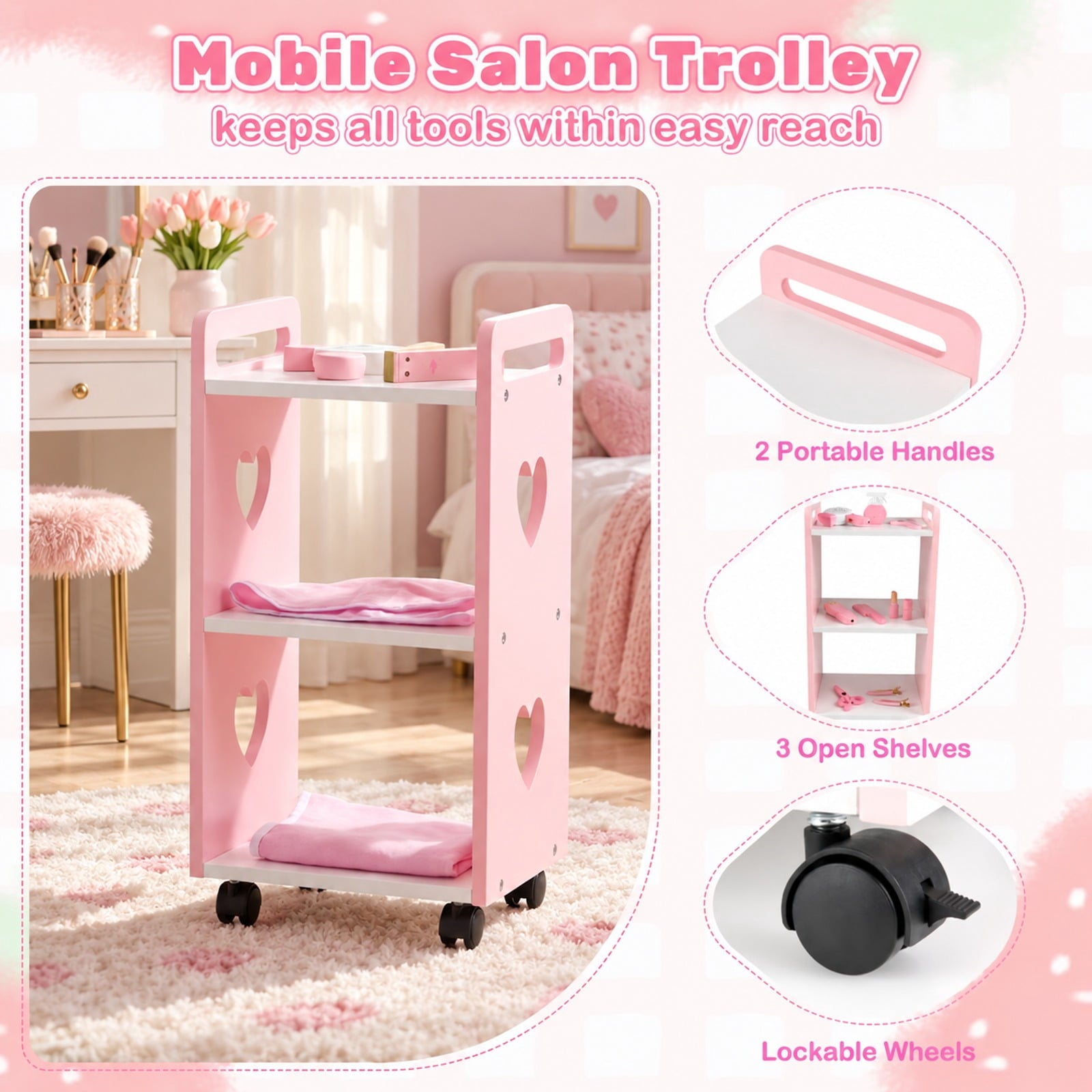 Fenbeli Kids Hair Salon Play Set with LED Lighted Mirror Wooden Pretend Hair Salon Station with Swivel Barber Chair, 66 lbs Capacity, Pink
