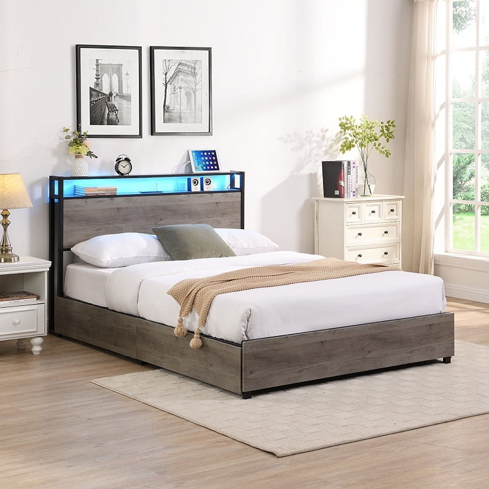 Furnibear Queen Bed Frame with USB Charging Station and Storage Headboard, Heavy-Duty Shake-Free Platform, No Box Spring Needed, Easy Tool-Free Assembly, Gray