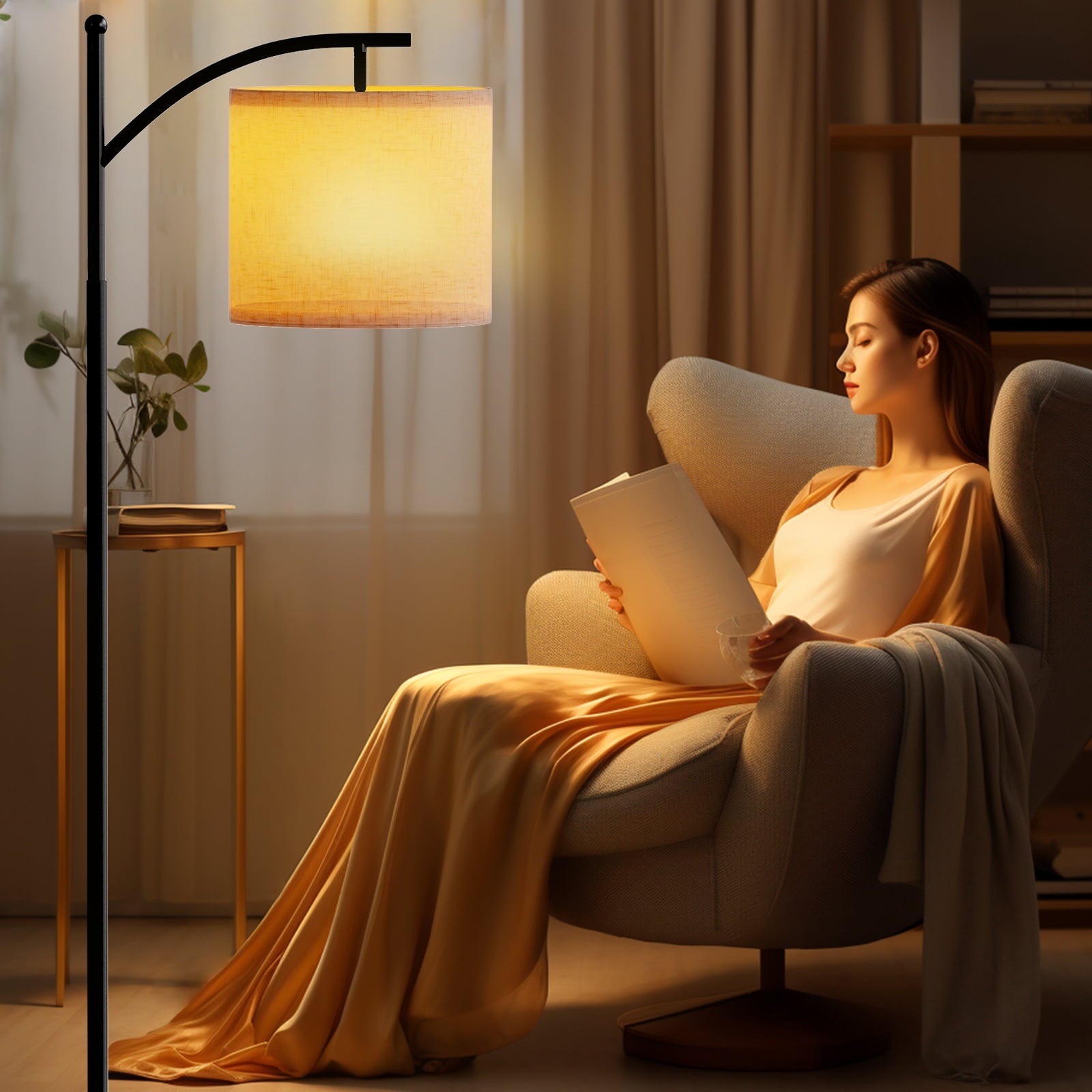 Fenbeli Arc Floor Lamp for Living Room, 61 Modern Standing Lamp with 3 Color Temperature LED Bulb Included, Adjustable Hanging Linen Drum Shade, Tall Floor Lamp with Foot Switch for Bedroom Office