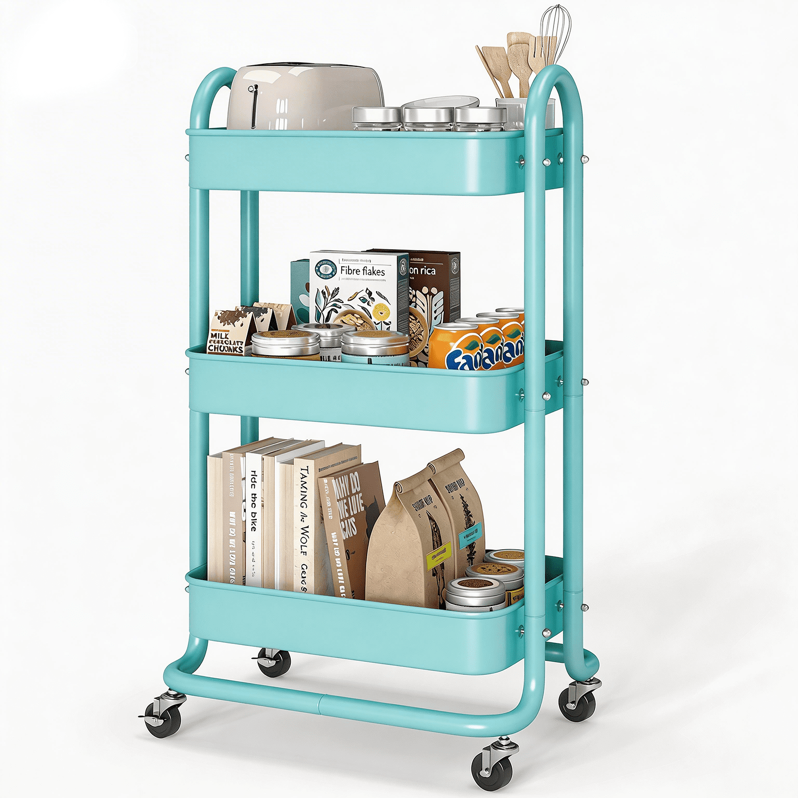 Fenbeli 3-Tier Metal Rolling Utility Cart with Wheels, blue, 18L x 13.4W x 31H