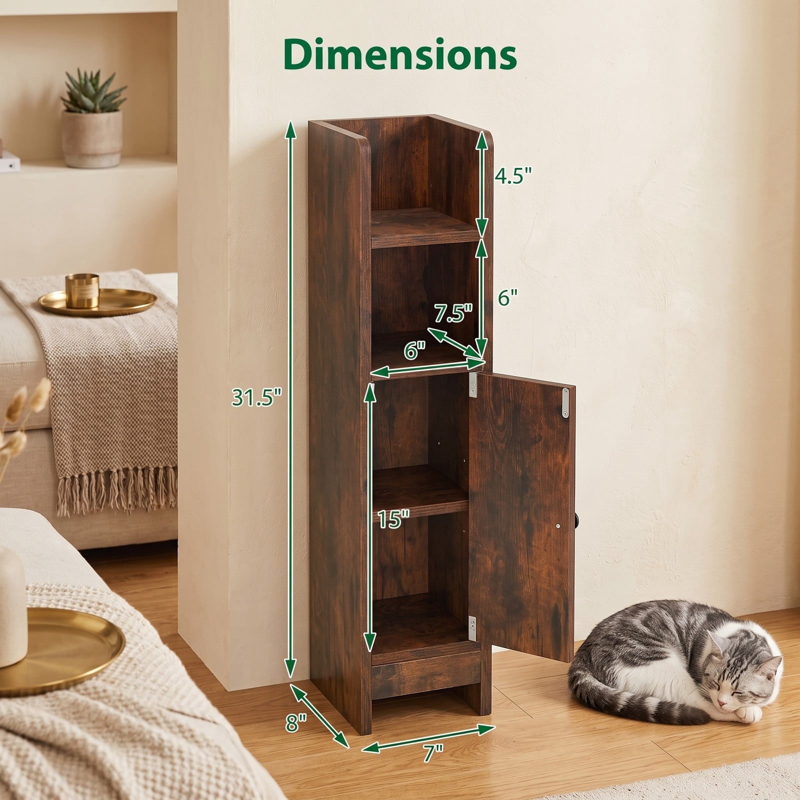 Fenbeli Slim Bathroom Corner Storage Cabinet, Freestanding Floor Cabinet with Door and Adjustable 3-Tier Shelf, Anti-Tipping Space-Saving Organizer for, Rustic Brown