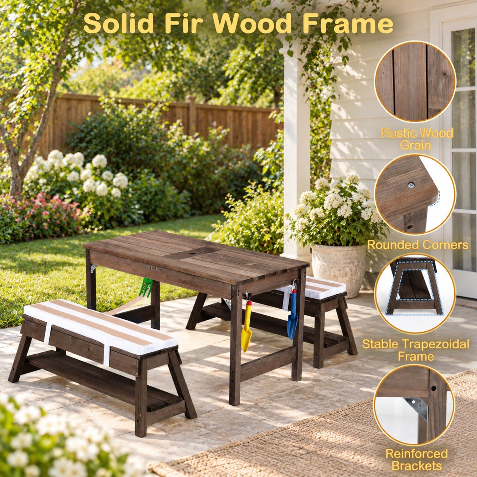 Fenbeli Outdoor Kids Wooden Picnic Table and Benches Set with Umbrella, 110 lbs Capacity, Fir Wood Nylon Fabric Sponge PP Frame, for 3+ Years Old