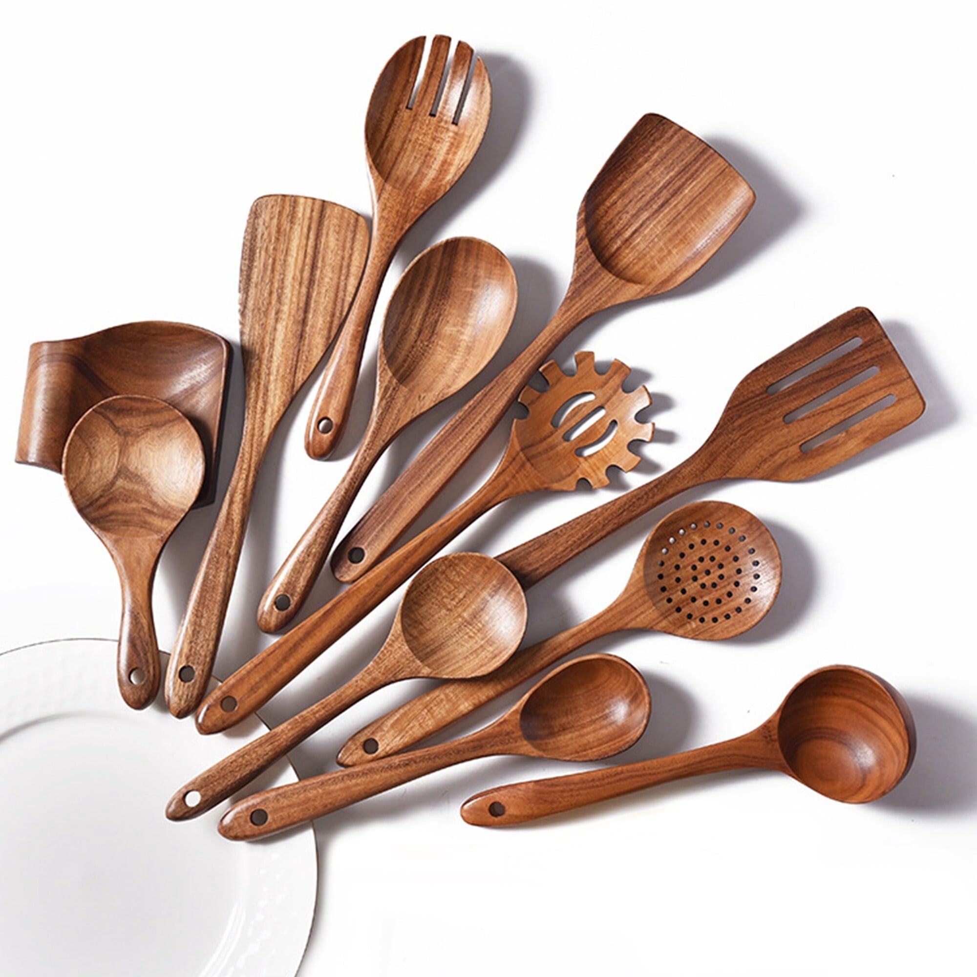 Fenbeli 13 Pcs Wooden Spoons for Cooking, Wooden Kitchen Utensil Set made of Natural Solid Wood Material with Holder, Spoon Rest and 5 Hooks