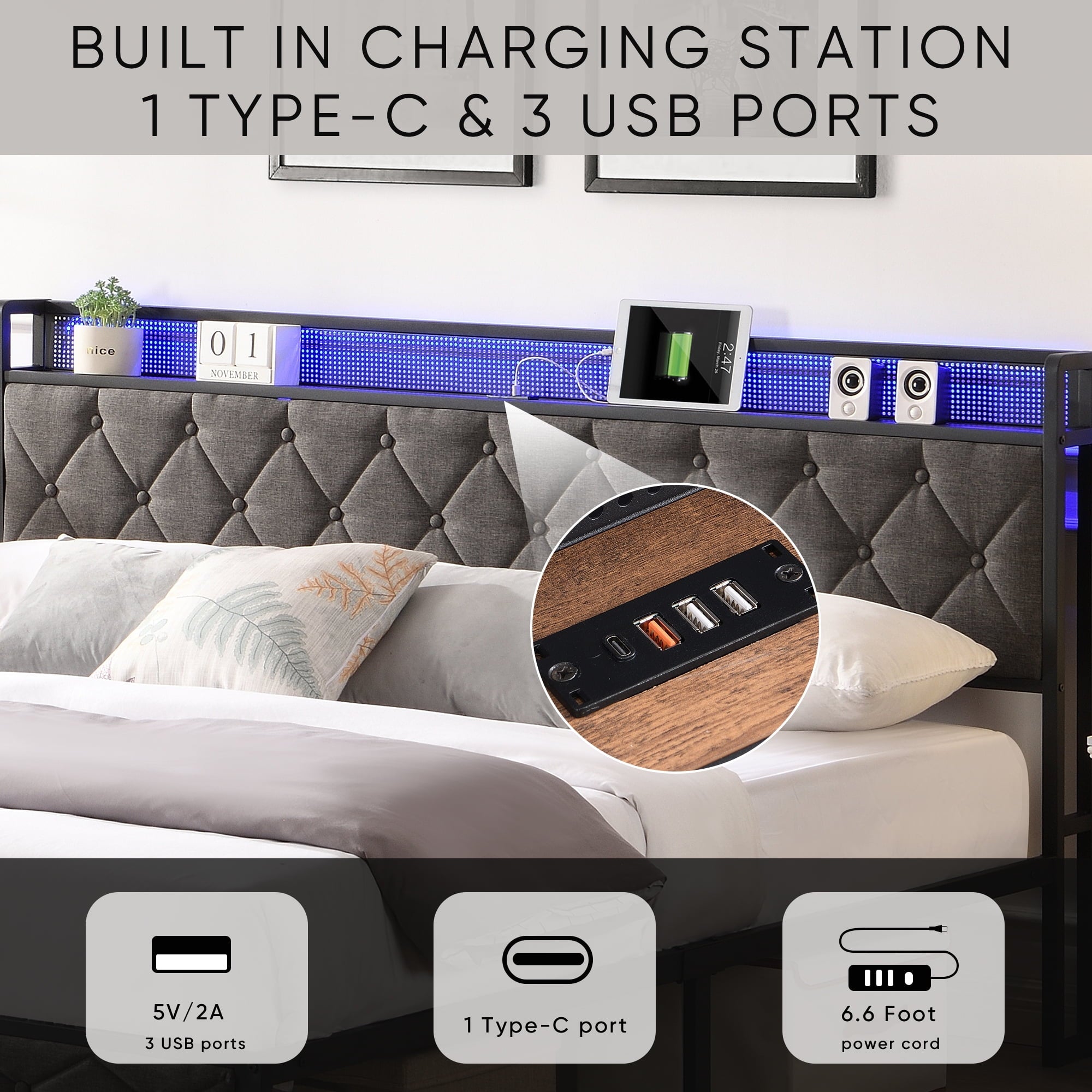 Furnibear King Bed Frame with RGB LED Lights, Charging Station And Storage Headboard | Reinforced Platform | Easy Assembly, Dark Gray