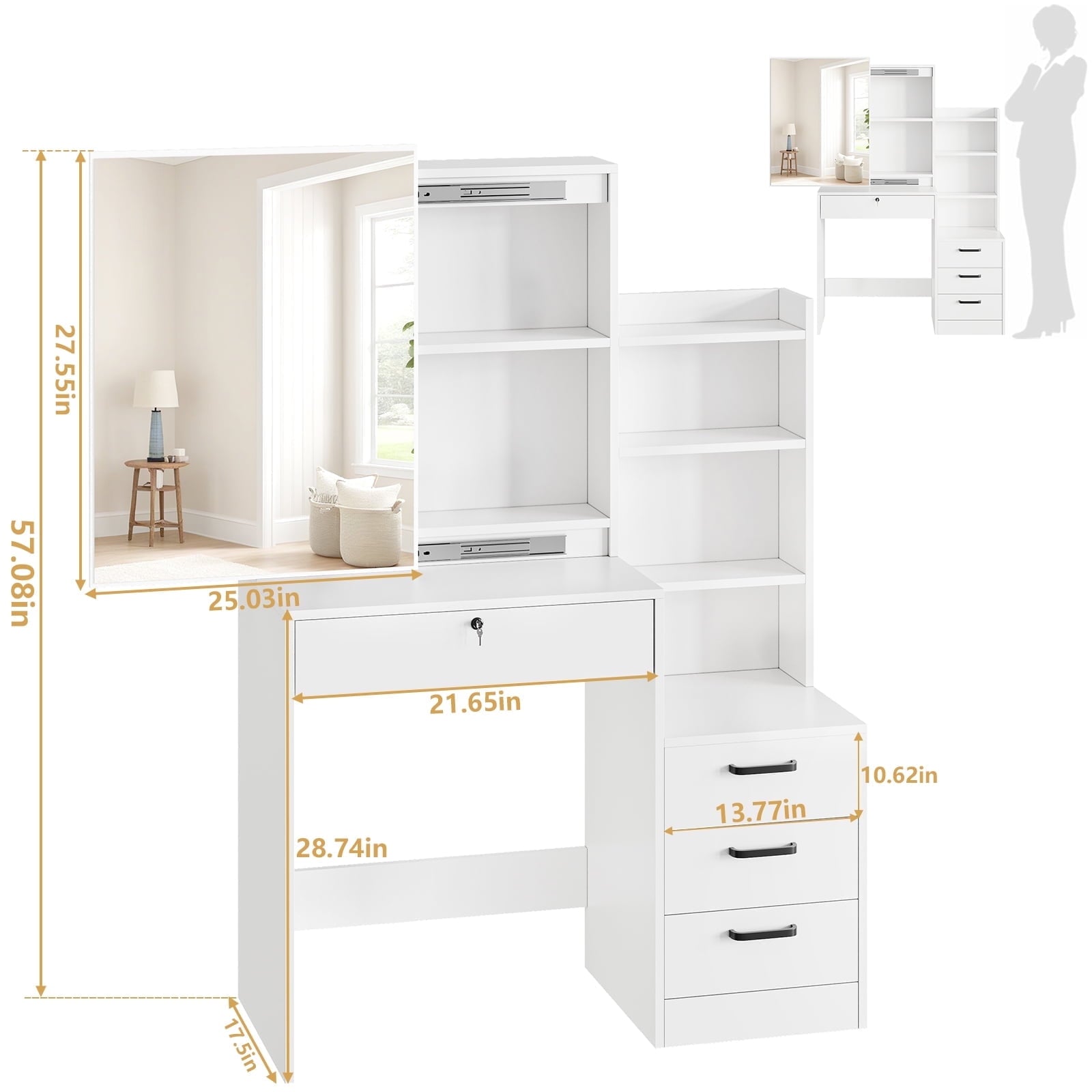 Fenbeli White Lighted Makeup Vanity Table with Sliding Sliding Mirror, Modern Dressing Table Desk with Storage for Bedroom