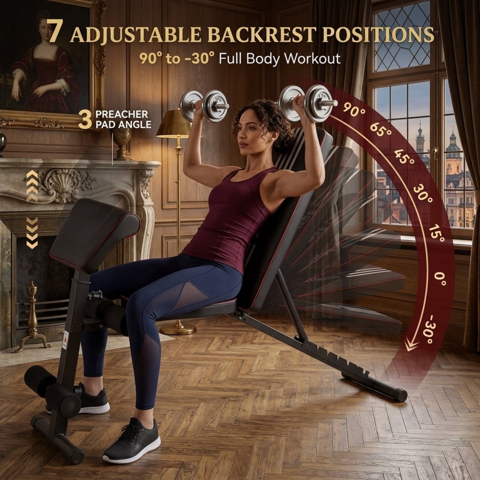 Fenbeli 12-in-1 Adjustable Weight Bench Foldable Workout Bench with 7 Backrest Positions Padded Seat for Full Body Strength Training, Black and Red