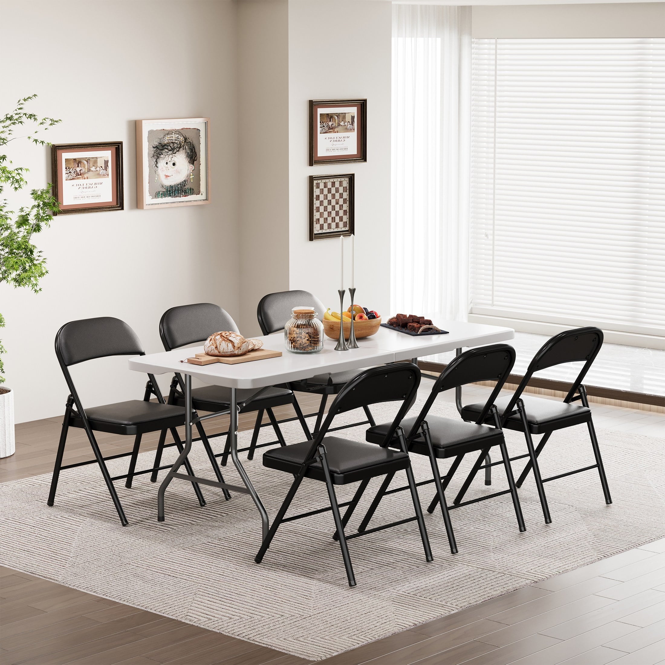 Furnibear Folding Table 6ft Portable Rectangular Indoor Outdoor Table, Fold in Half with Carry Handle, White
