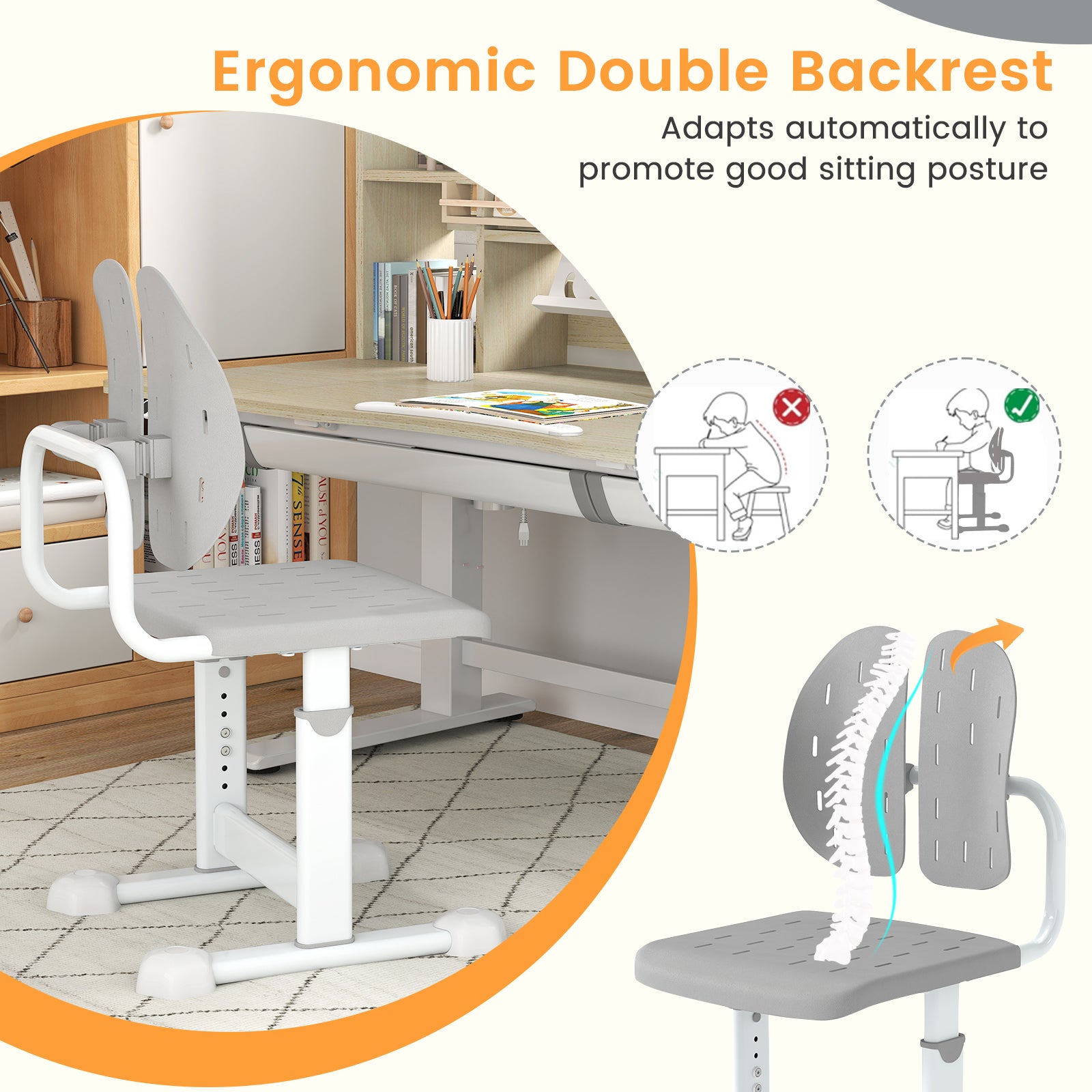 Height-adjustable Kid's Study Chair with Double Back Support and Breathable Seat