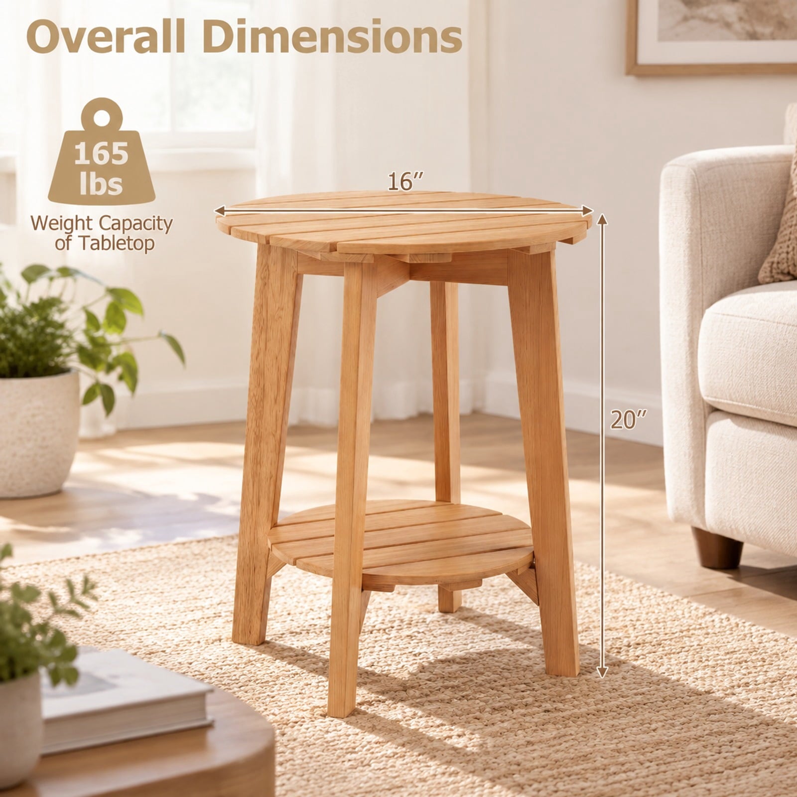 Fenbeli Set of 2 Eucalyptus Wood Side Table 2-Tier with Slatted Tabletop and Storage Shelf for Outdoor, 165 lbs Capacity, Eucalyptus Wood Frame