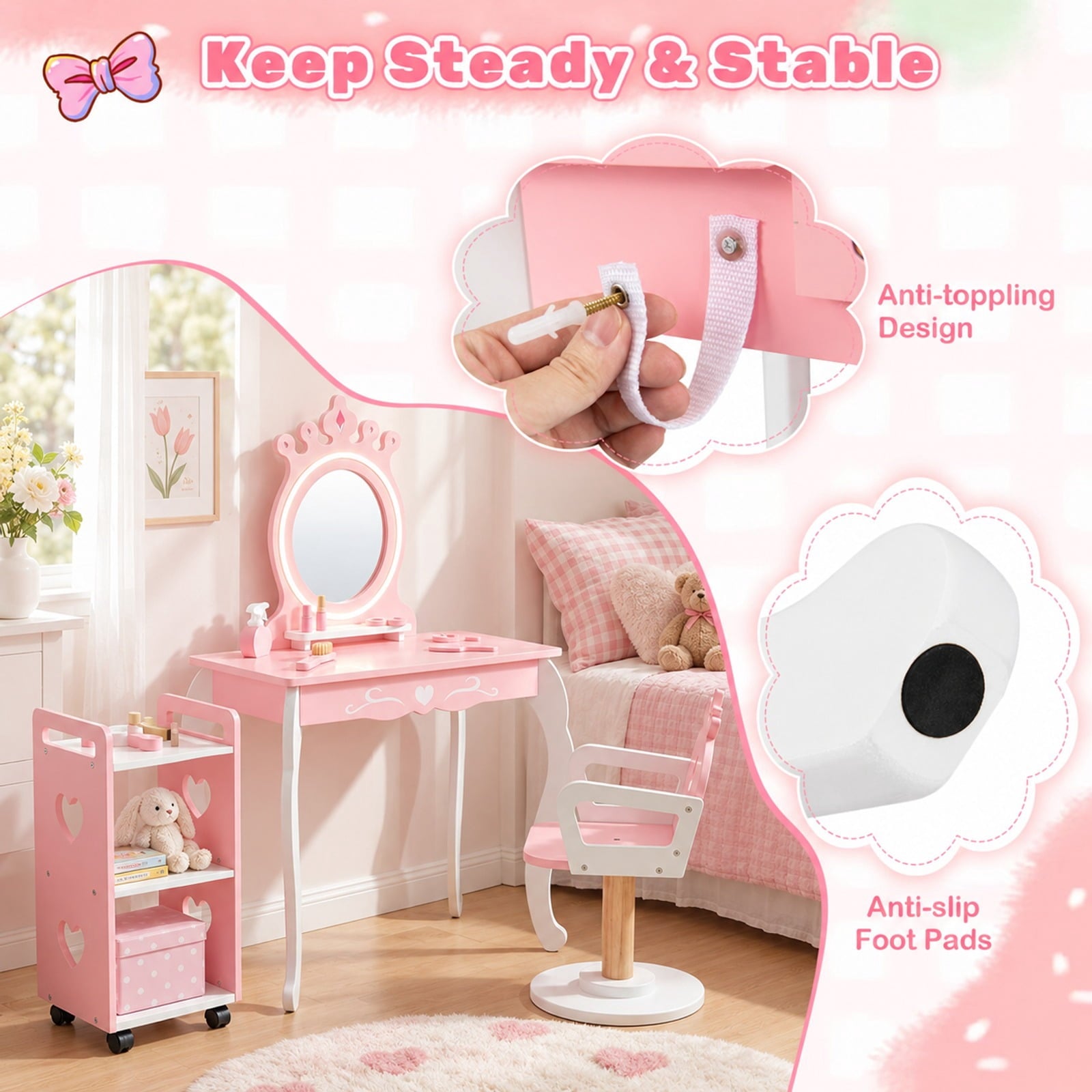 Fenbeli Kids Hair Salon Play Set with LED Lighted Mirror Wooden Pretend Hair Salon Station with Swivel Barber Chair, 66 lbs Capacity, Pink