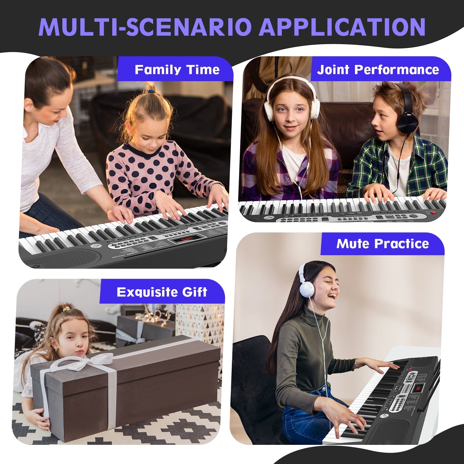 Fenbeli 61 Key Piano Keyboard with Lighted Keys Electric Keyboard Kit with Stand, Bench, Headphones, Built-in Speakers, Black