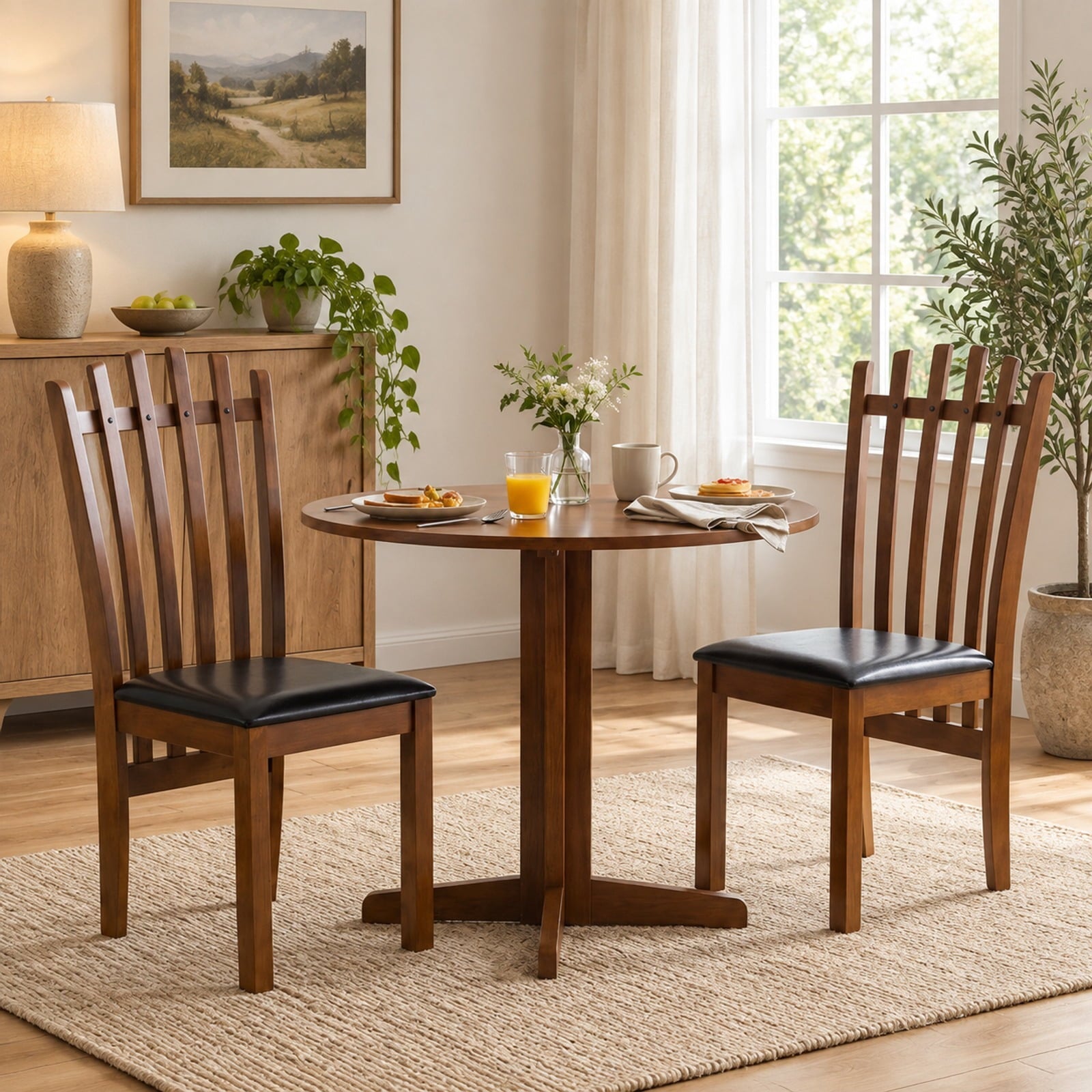 Fenbeli Wooden Dining Chair Set of 2 with Spindle Back and PU Leather Seat, 330 lbs Capacity, Rubber Wood PU Leather Sponge Frame, Black