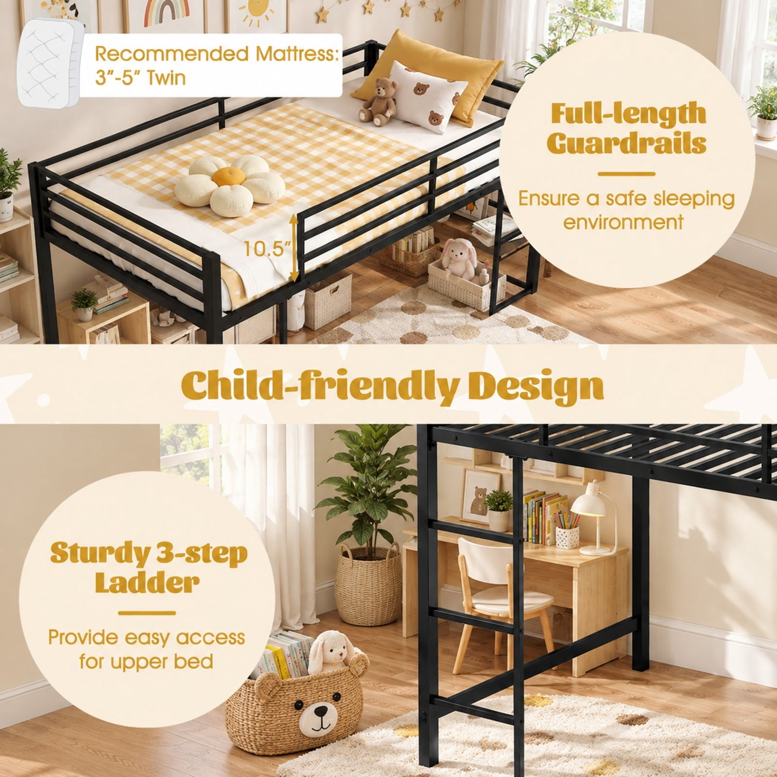 Fenbeli Twin Size Low Loft Bed with Ladder and Storage Shelves Metal Frame for Boys Girls, 485 lbs Capacity, Metal Engineered Wood Frame, Black