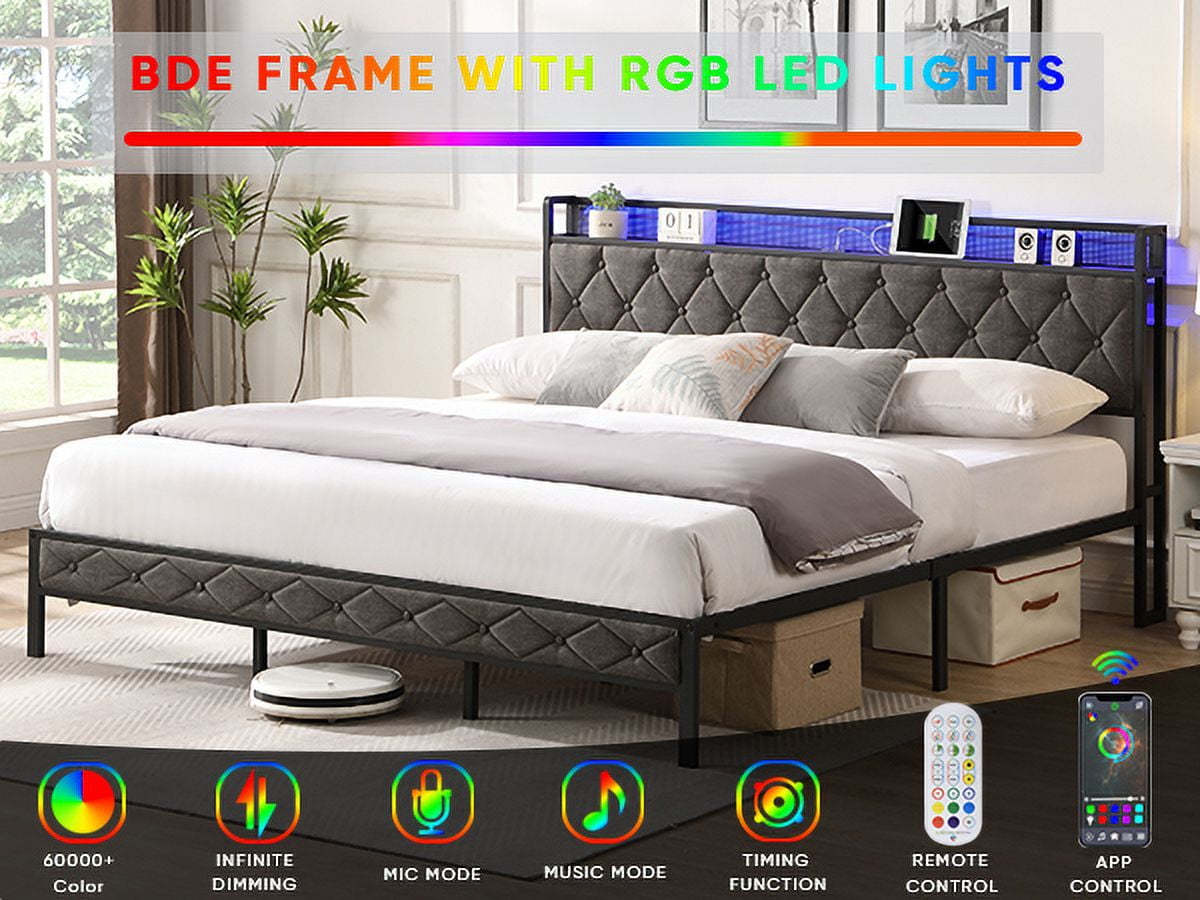 Furnibear King Bed Frame with RGB LED Lights, Charging Station And Storage Headboard | Reinforced Platform | Easy Assembly, Dark Gray