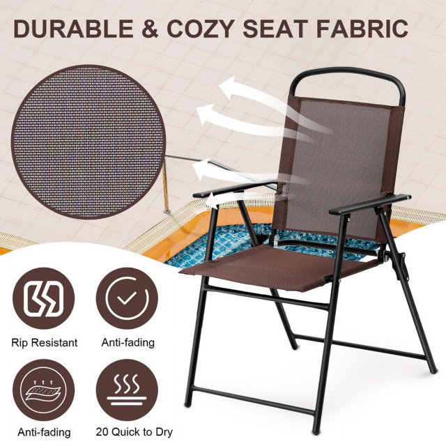 TBKLEY 2pcs Patio Folding Sling Back Chair with Armrests, Portable Metal Outdoor Chairs for Indoor Outdoor Garden Poolside Yard, Brown