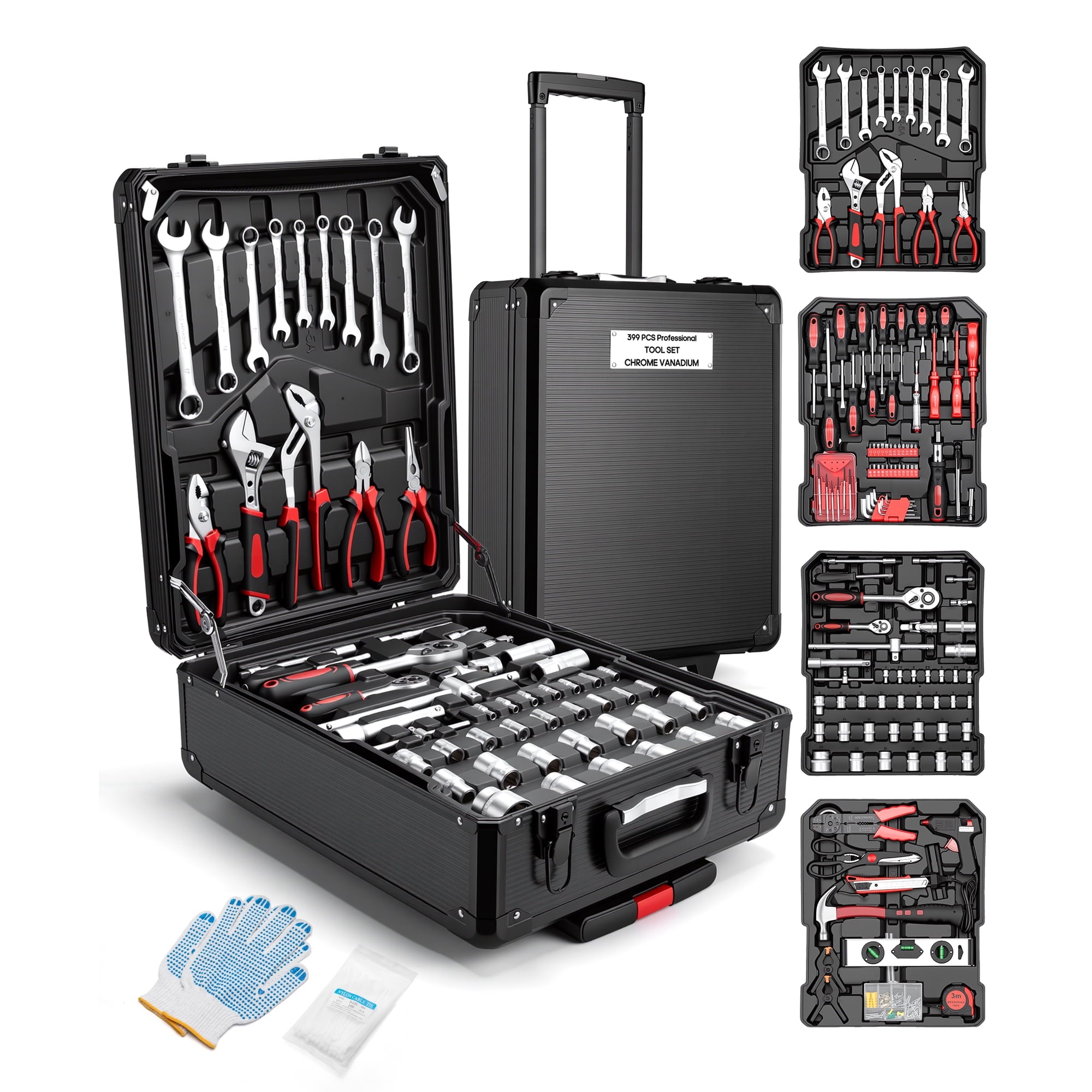 Fenbeli 399 Piece Tool Set, Professional Chrome Vanadium Steel Tool Kit with Aluminum Trolley Case and Wheels, Home Auto Repair Mechanic Tool Box, Black