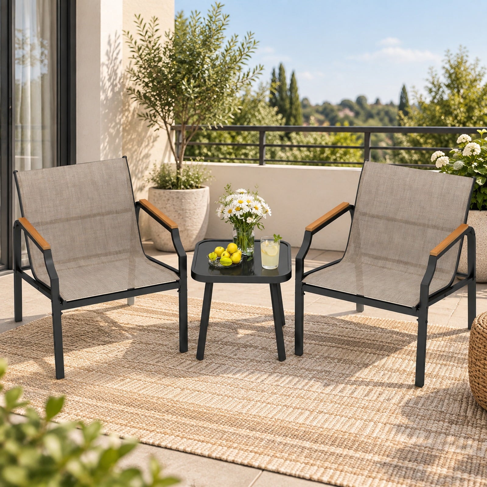 Fenbeli 3 Piece Outdoor Chair Set with Breathable Fabric Seat and Armrests, Chair 330 lbs Capacity, Metal Fabric Tempered Glass PS Frame, Brown