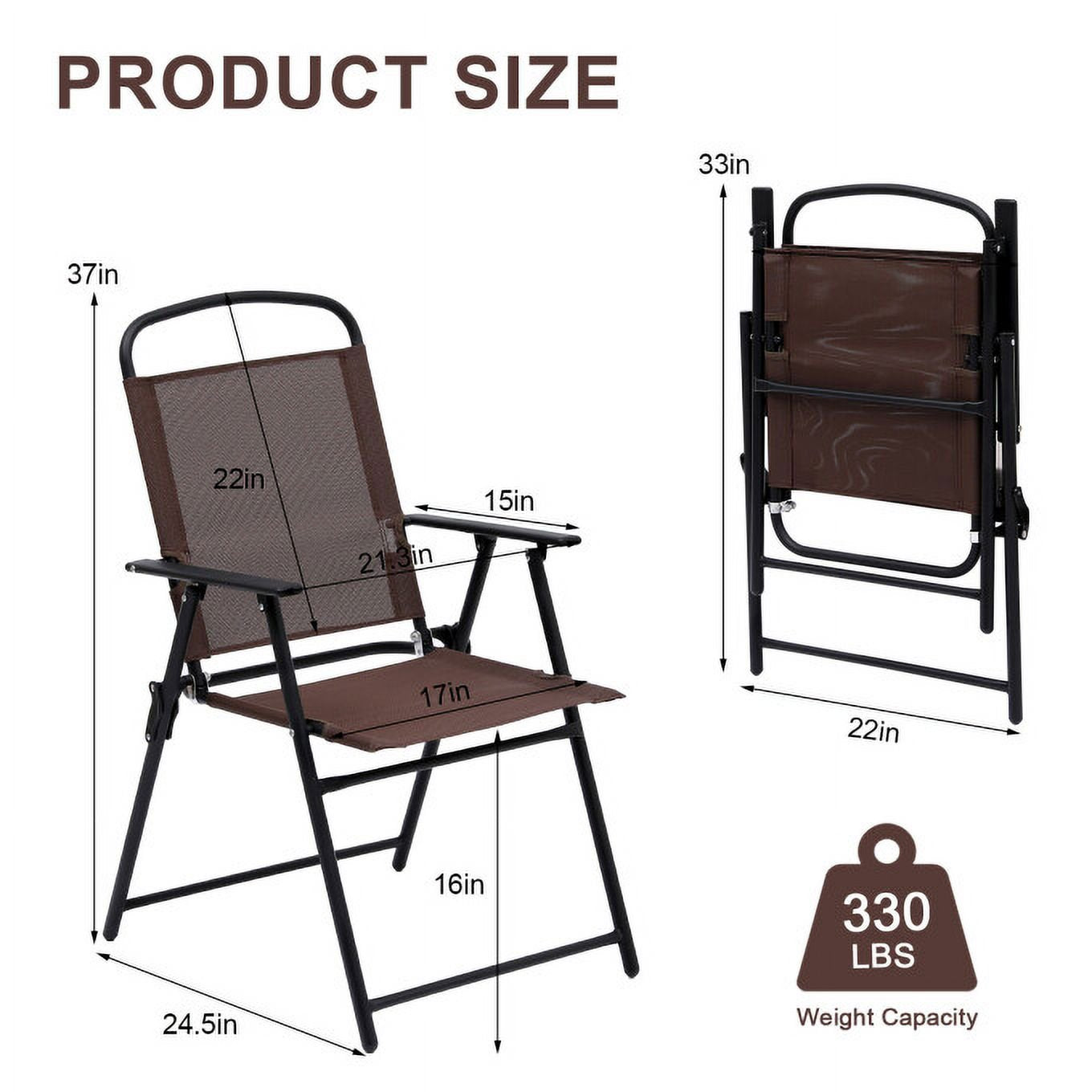 TBKLEY 2pcs Patio Folding Sling Back Chair with Armrests, Portable Metal Outdoor Chairs for Indoor Outdoor Garden Poolside Yard, Brown