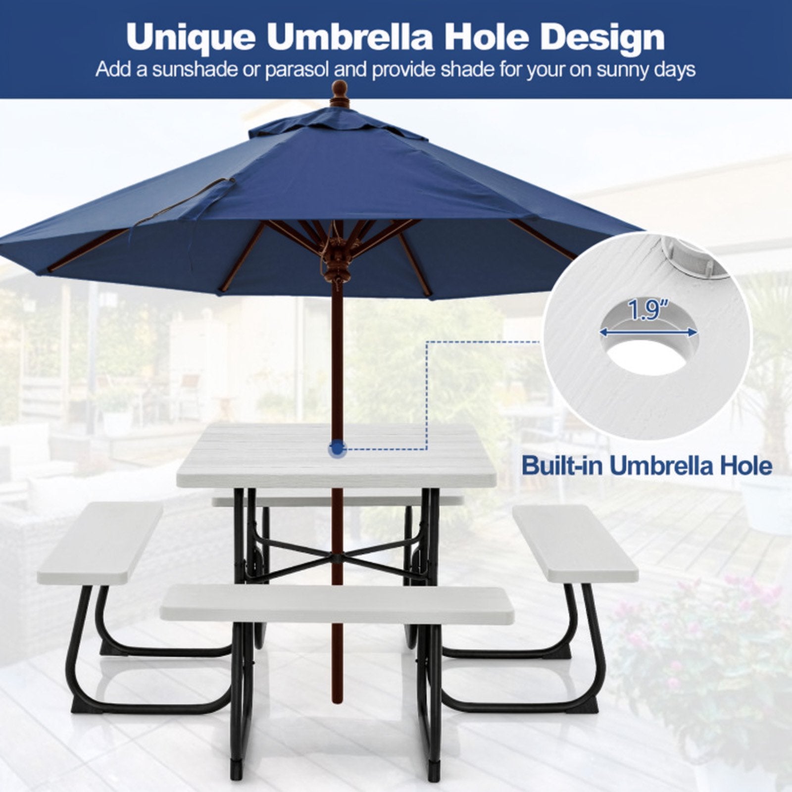 Fenbeli 8-Person Square Picnic Table and Bench Set with Umbrella Hole, HDPE Outdoor