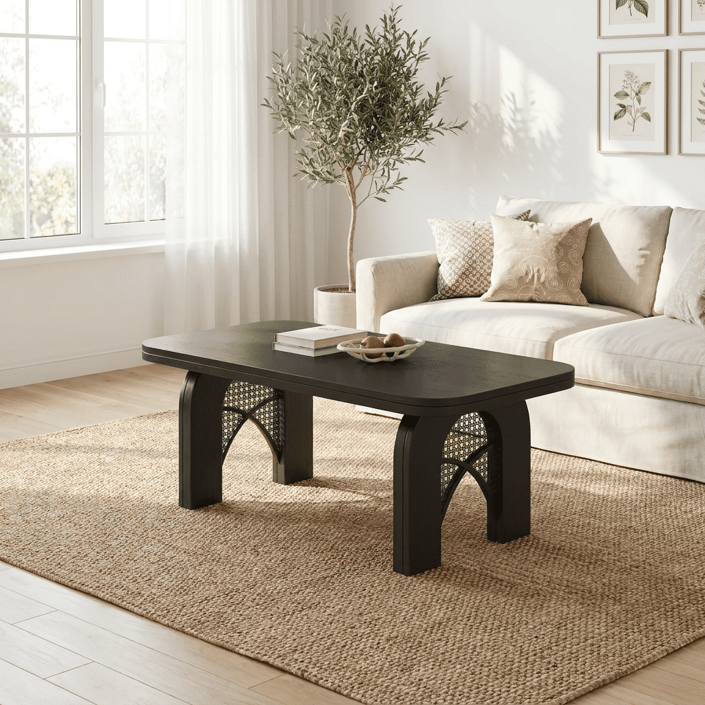 Furnibear Boho Coffee Table for Living Room with Woven Cane and Arched Wood Legs for Living Room,Black