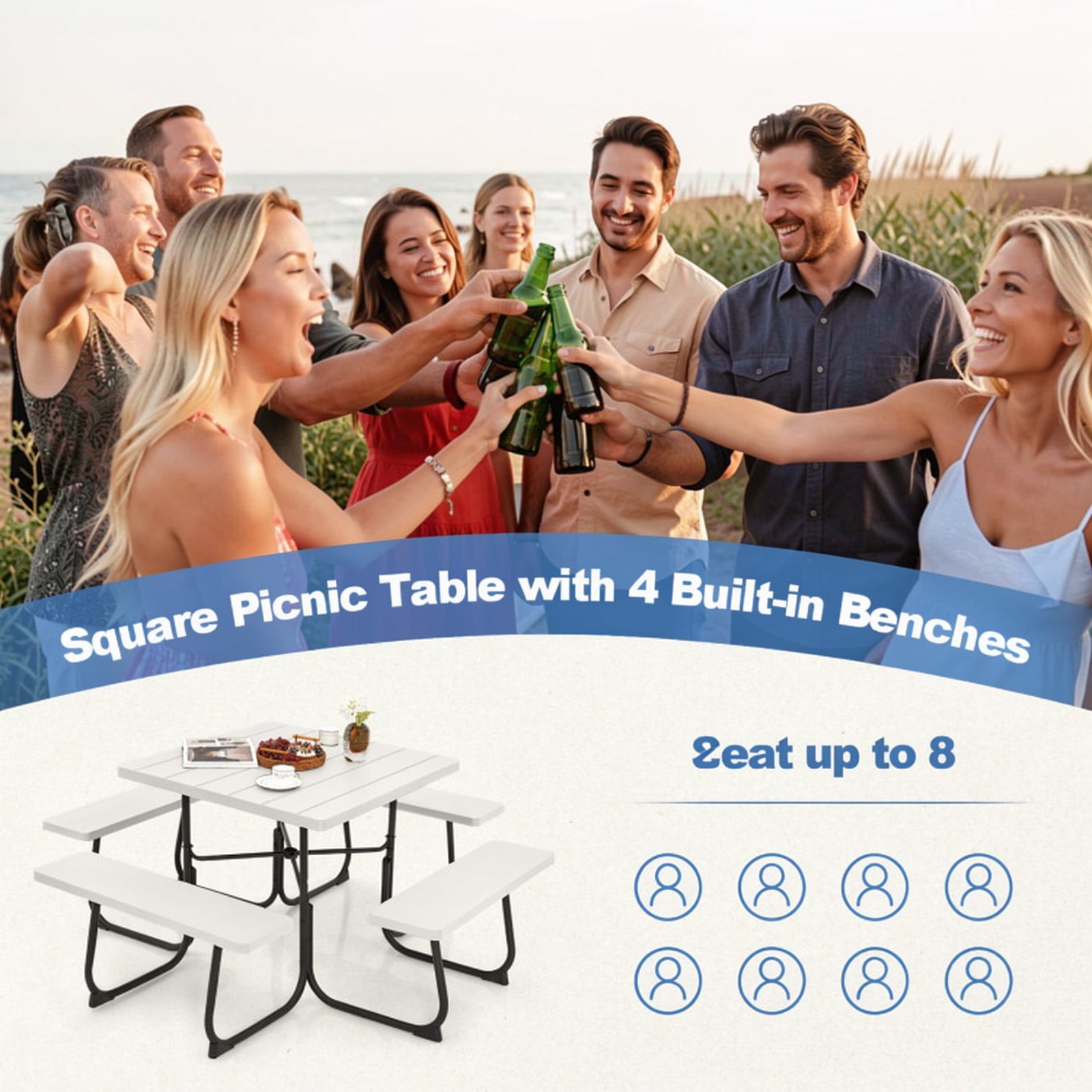 Fenbeli 8-Person Square Picnic Table and Bench Set with Umbrella Hole, HDPE Outdoor