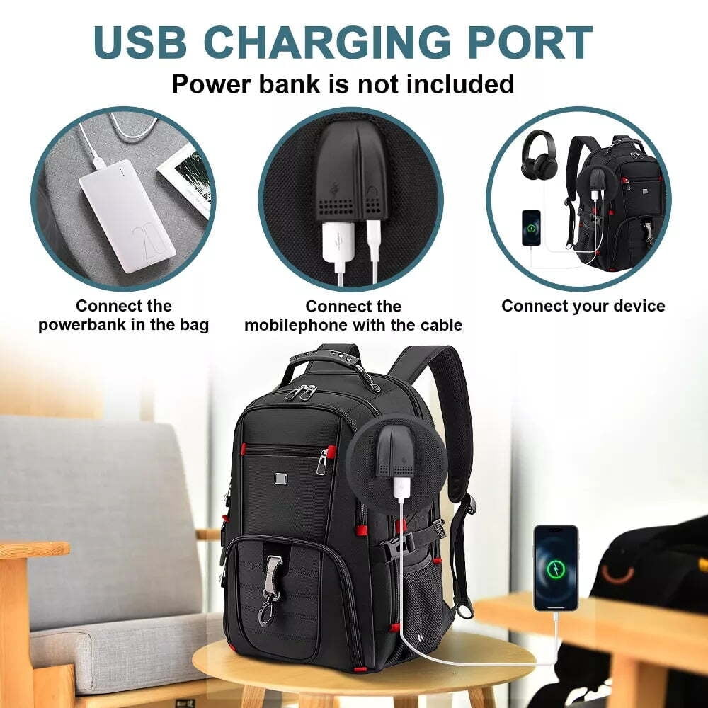Fenbeli 50L Extra Large Travel Laptop Backpack, TSA Approved Carry On Backpack with USB Charging Port, Fits 17.3 Laptop, Water Resistant College Business Work Backpack for Men and Women, Black