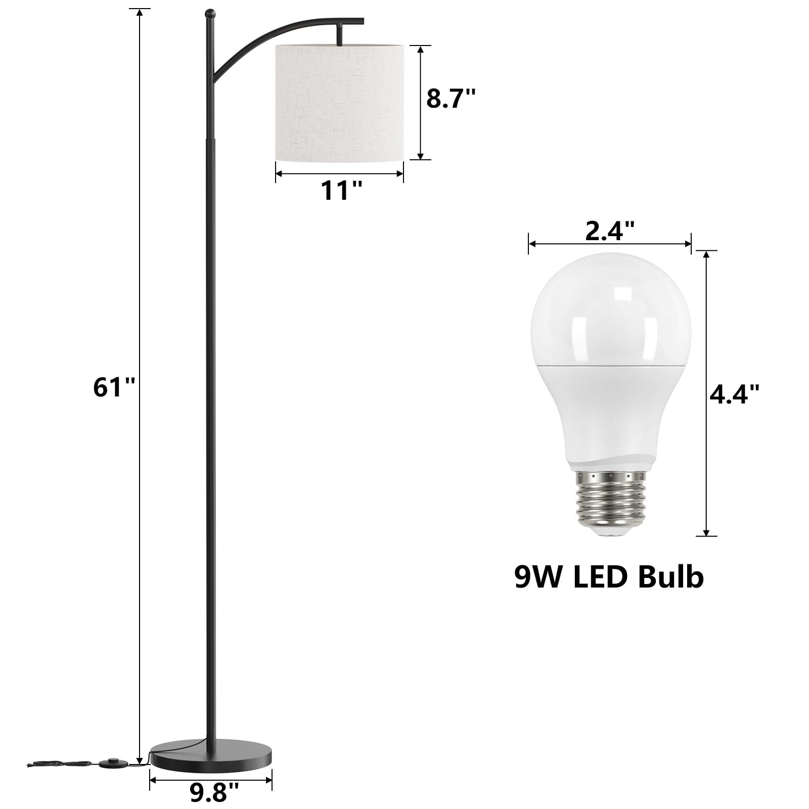 Fenbeli Arc Floor Lamp for Living Room, 61 Modern Standing Lamp with 3 Color Temperature LED Bulb Included, Adjustable Hanging Linen Drum Shade, Tall Floor Lamp with Foot Switch for Bedroom Office