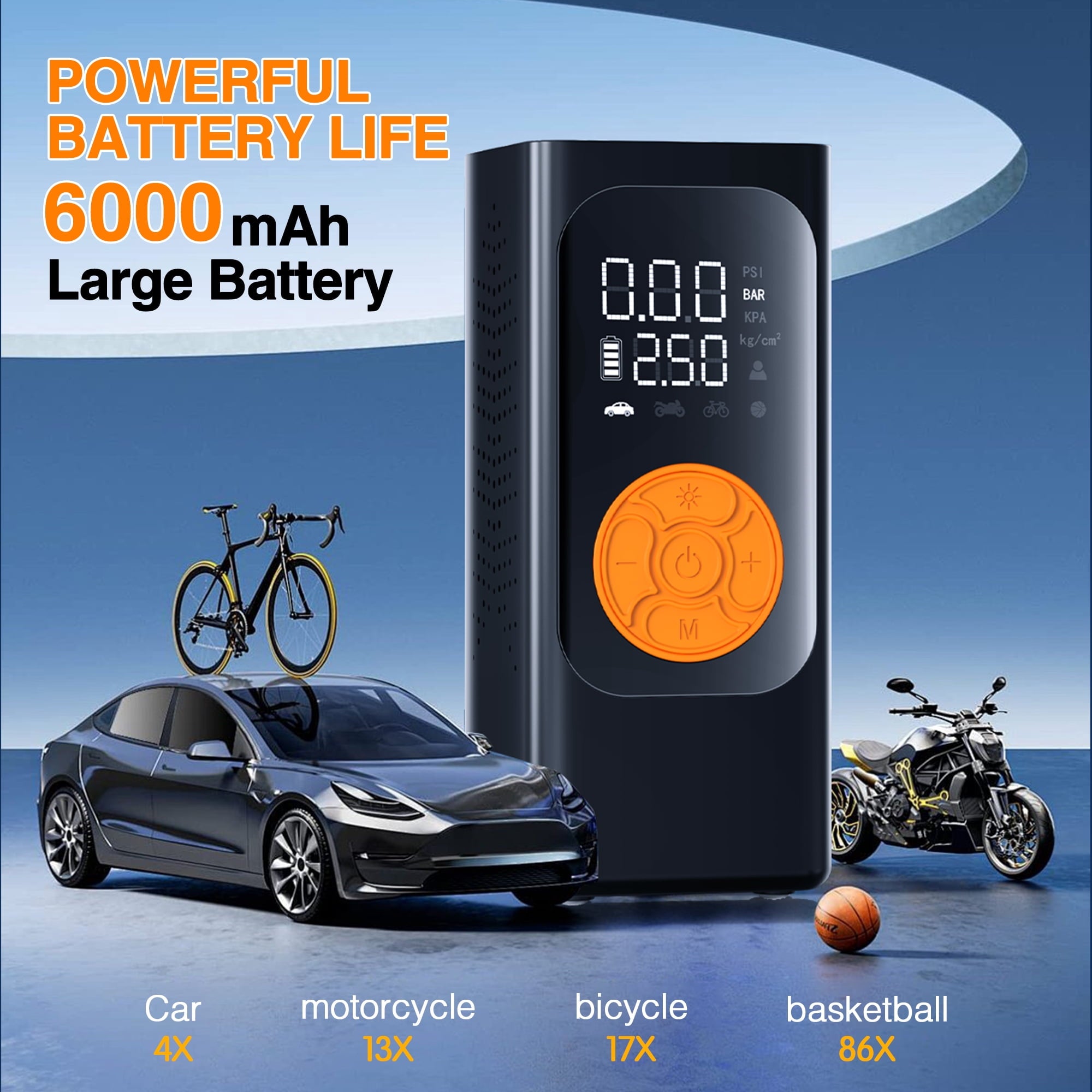 Fenbeli Portable Tire Inflator, 150PSI Cordless Air Compressor with 6000mAh Battery and DC 12V Dual Power, Digital Pressure Gauge, LED Light and Power Bank, Air Pump for Car Bike Motorcycle Ball, Black