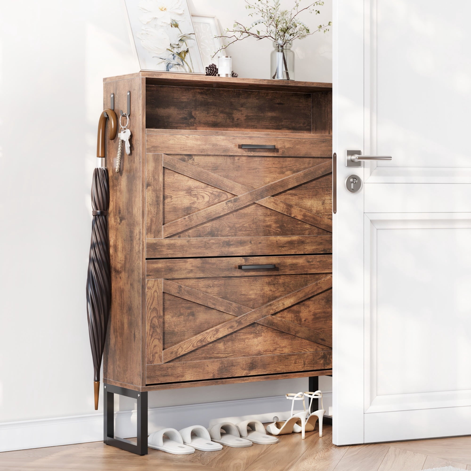 Furnibear Shoe Cabinet with Flip Door Shoe Storage and Adjustable Shelves for Entryway and Closet, Burnt Wood
