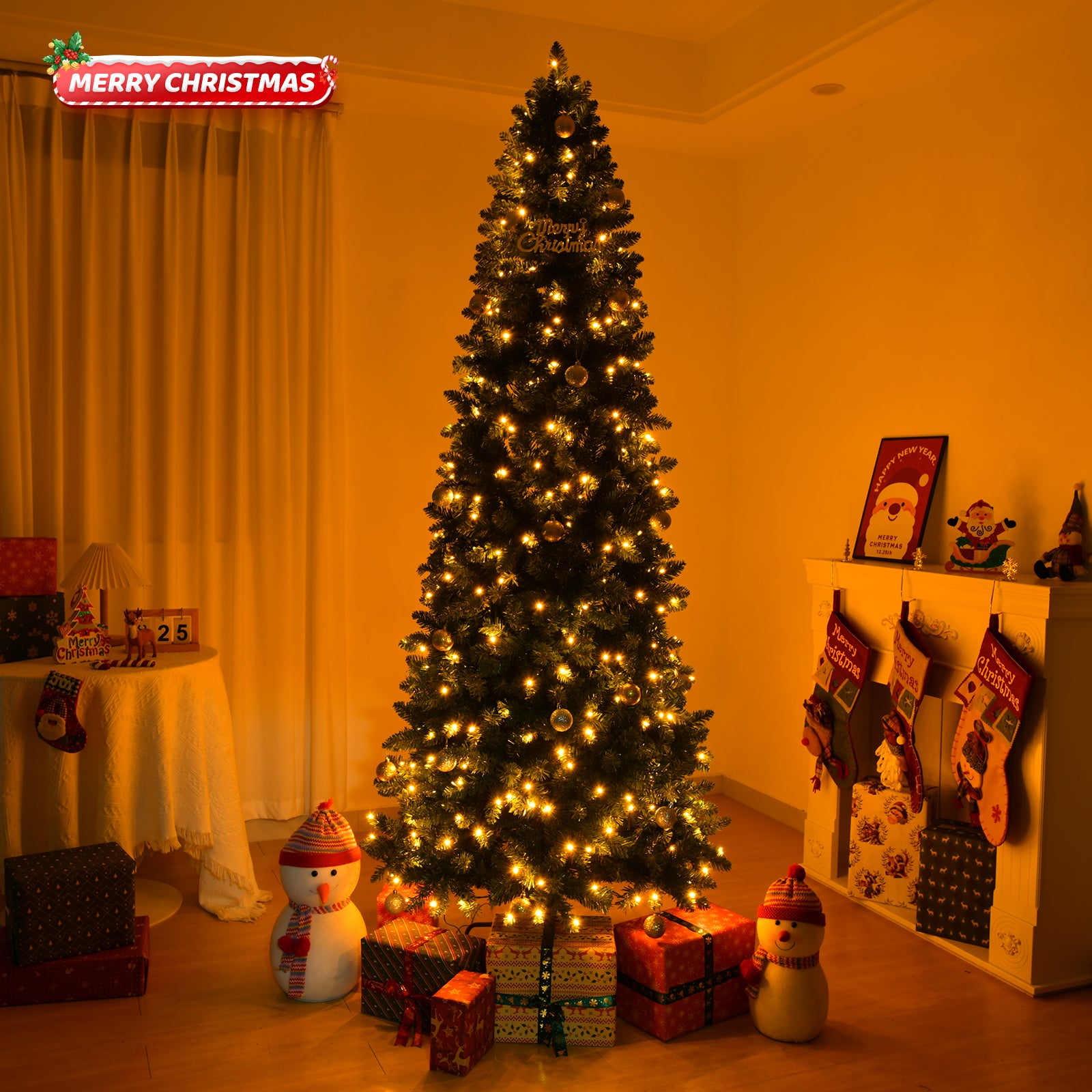 Fenbeli 7.5Ft Pre-Lit Premium Snow Flocked Hinged Artificial Christmas Tree with 350 Lights