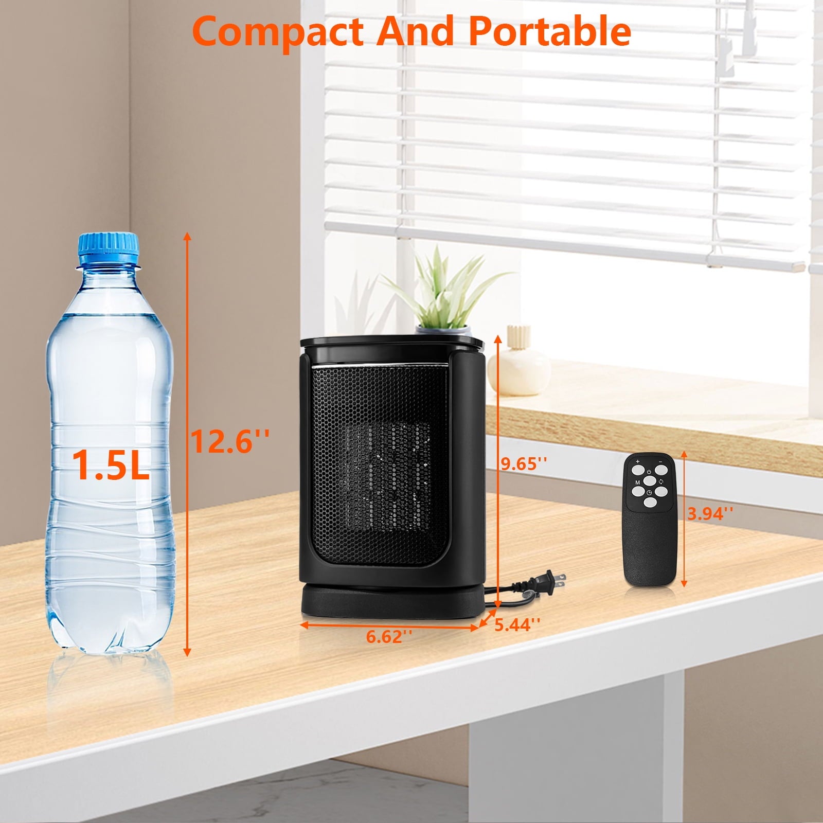 Space Heater 70 Oscillation 1500W Electric Heater 1-12h Timer with Remote Thermostat Portable Heater for Office Home Black