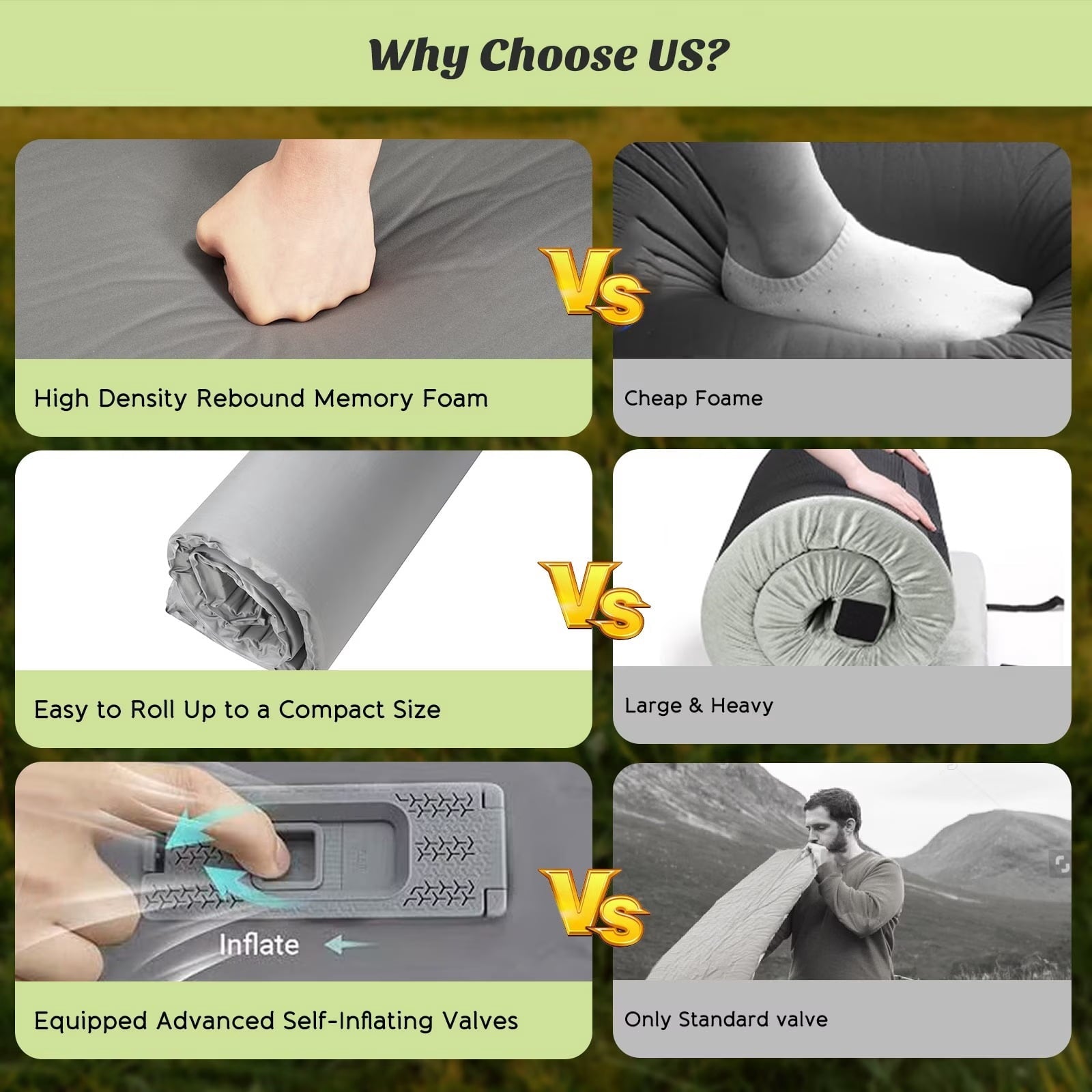 Fenbeli Self-Inflating Sleeping Pad with Pillow, 3.2" Thick Memory Foam Camping Mattress, R-Value 9.5 Insulated 4-Season Camp Pad for Tent, Car, SUV & Truck Bed, 20-Second Quick Inflate, Gray