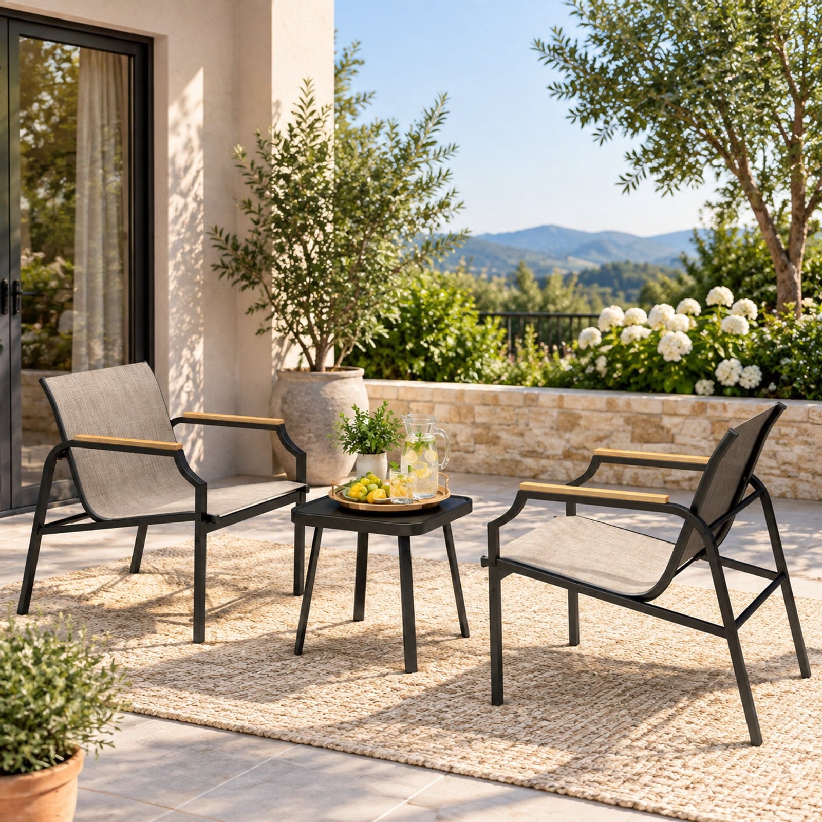 Fenbeli 3 Piece Outdoor Chair Set with Breathable Fabric Seat and Armrests, Chair 330 lbs Capacity, Metal Fabric Tempered Glass PS Frame, Brown