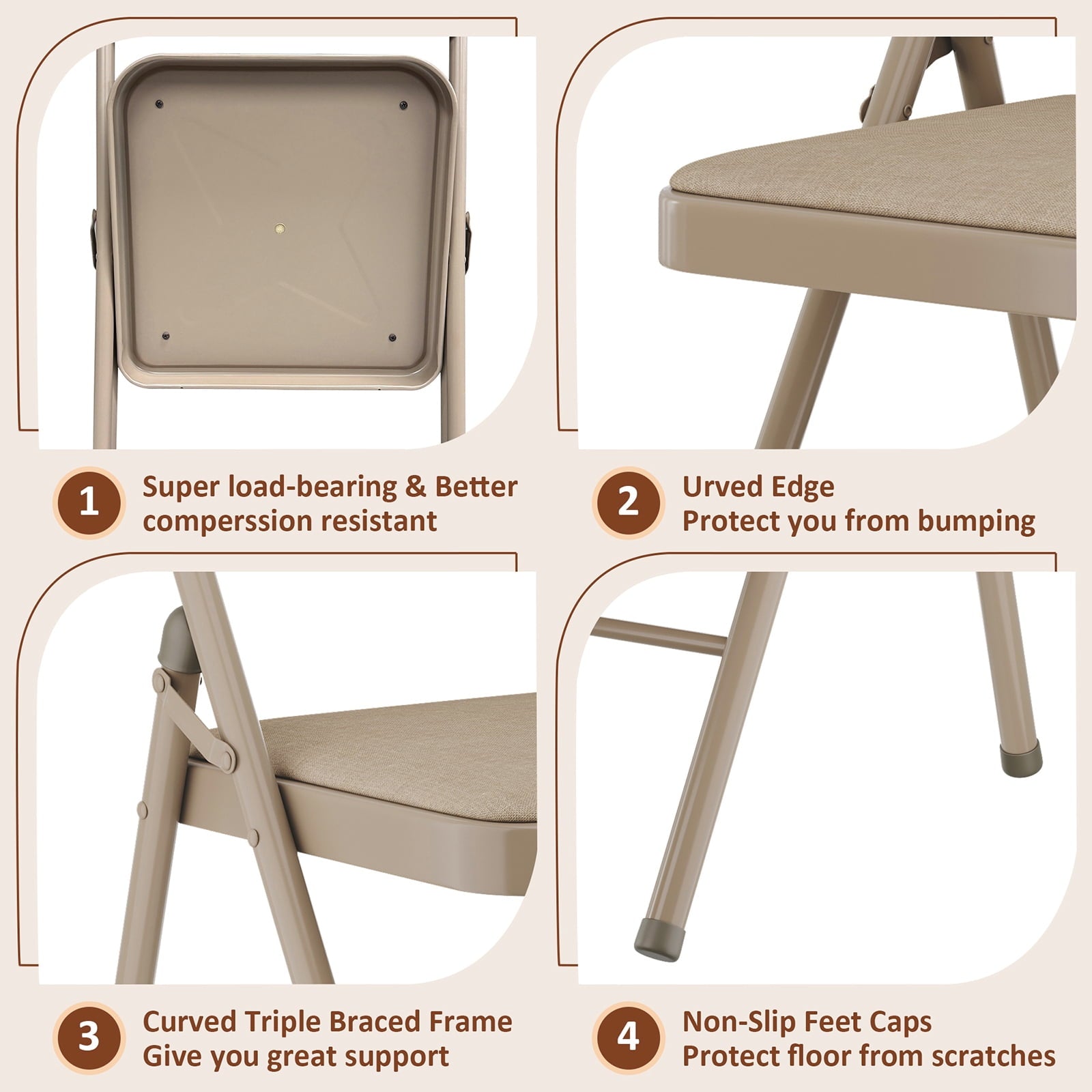 Fenbeli 6 Pack Folding Chairs with Padded Seats, Brown