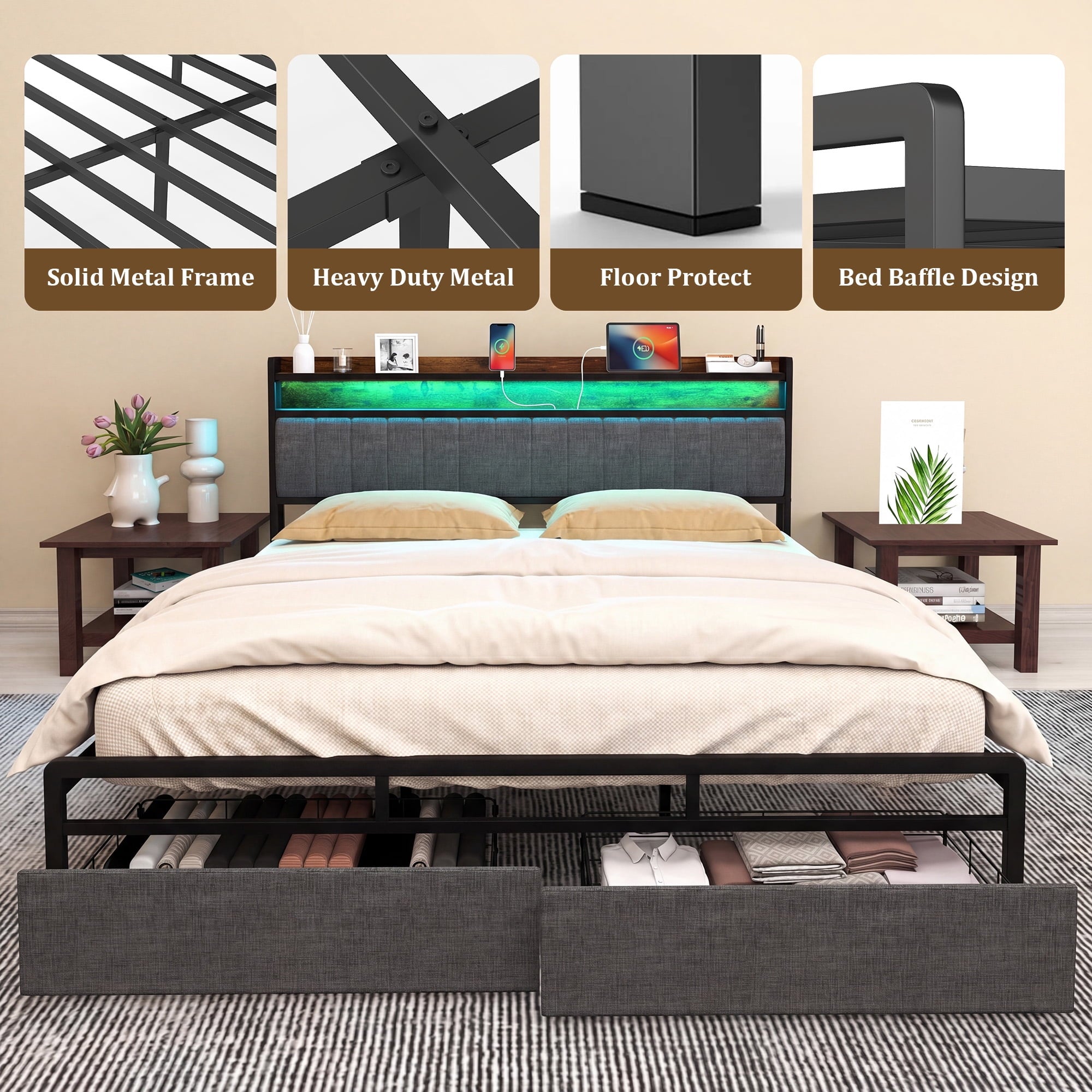 Furnibear LED Queen Bed Frame with Upholstered Storage Headboard and Drawers, LED Platform Bed with Charging Station, No Box Spring Needed