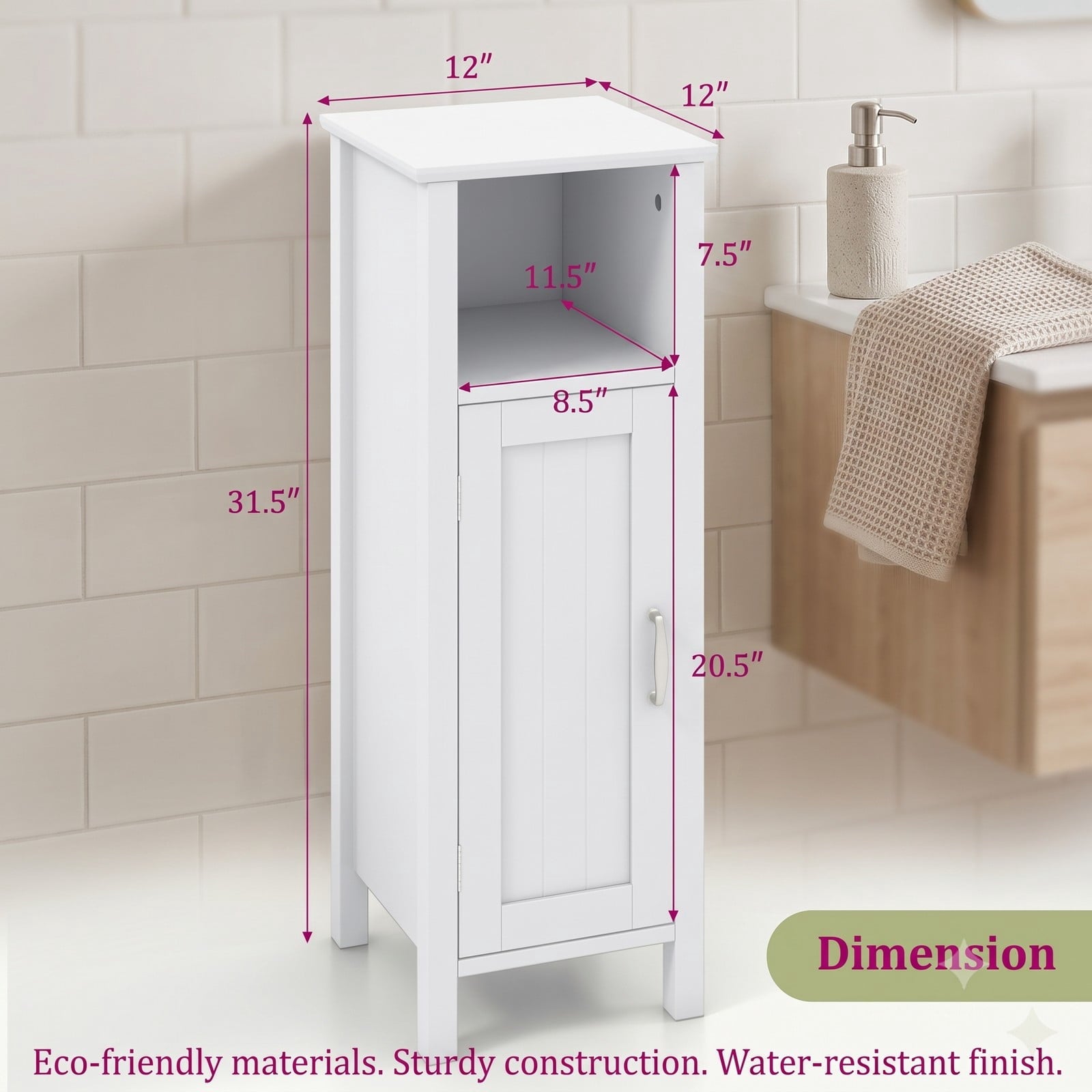 Fenbeli 1-Door Freestanding Bathroom Cabinet with Open Shelf, 2-Tier Floor Storage Organizer and Anti-Tip MDF Corner Cabinet for Bathroom Bedroom Living Room, White