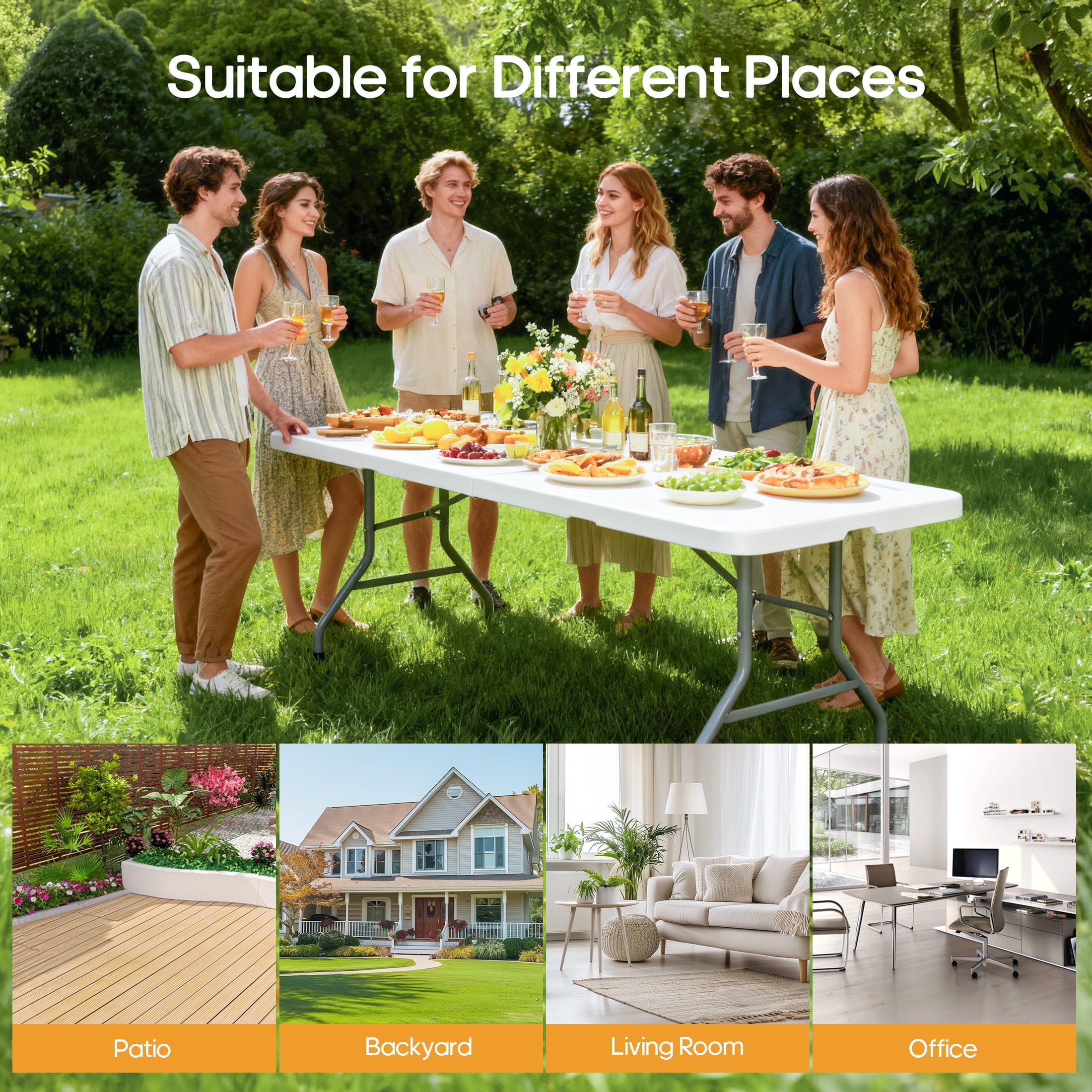 Furnibear 8 Foot Folding Table for Indoor and Outdoor Events, Portable Foldable Table with Sturdy Steel Legs, White