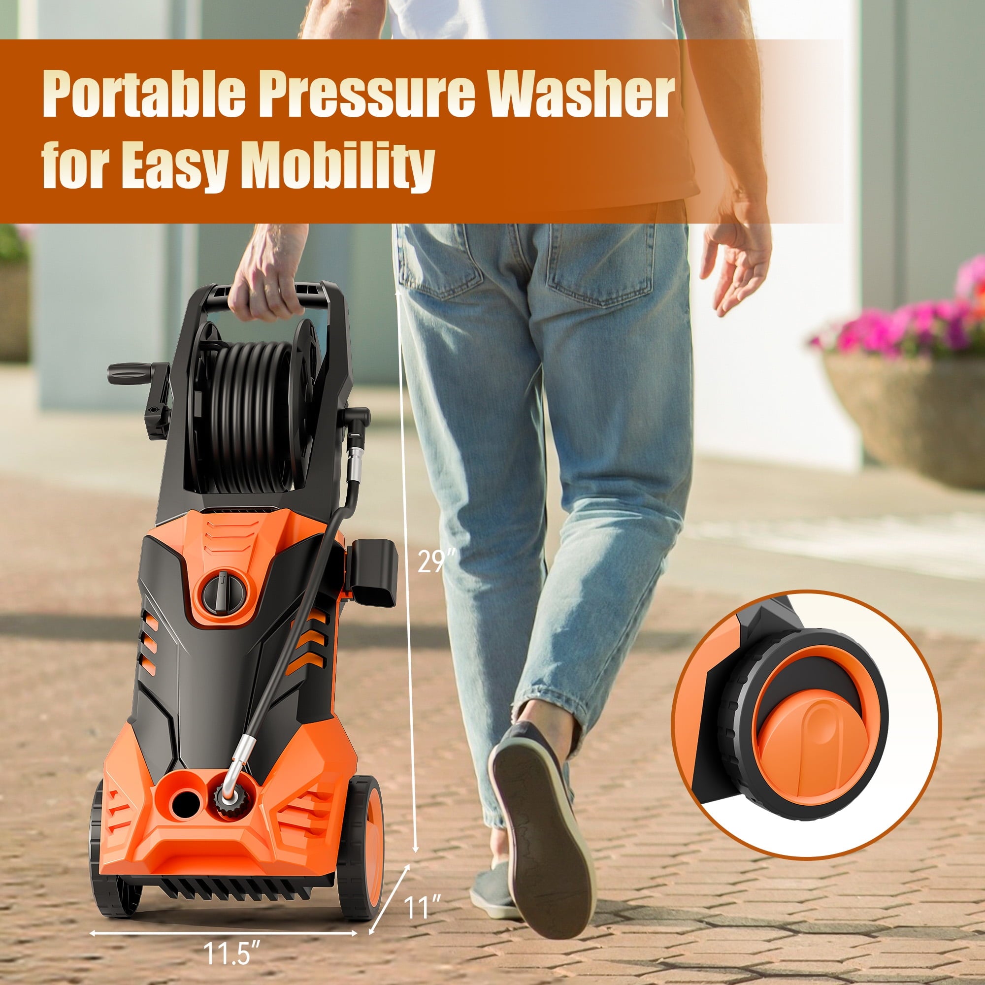 Fenbeli 3000 PSI Electric Pressure Washer, 2.0 GPM Power Washer with Hose Reel, 2000W High-Efficiency Cleaner for Cars, Homes, Driveways, and Decks