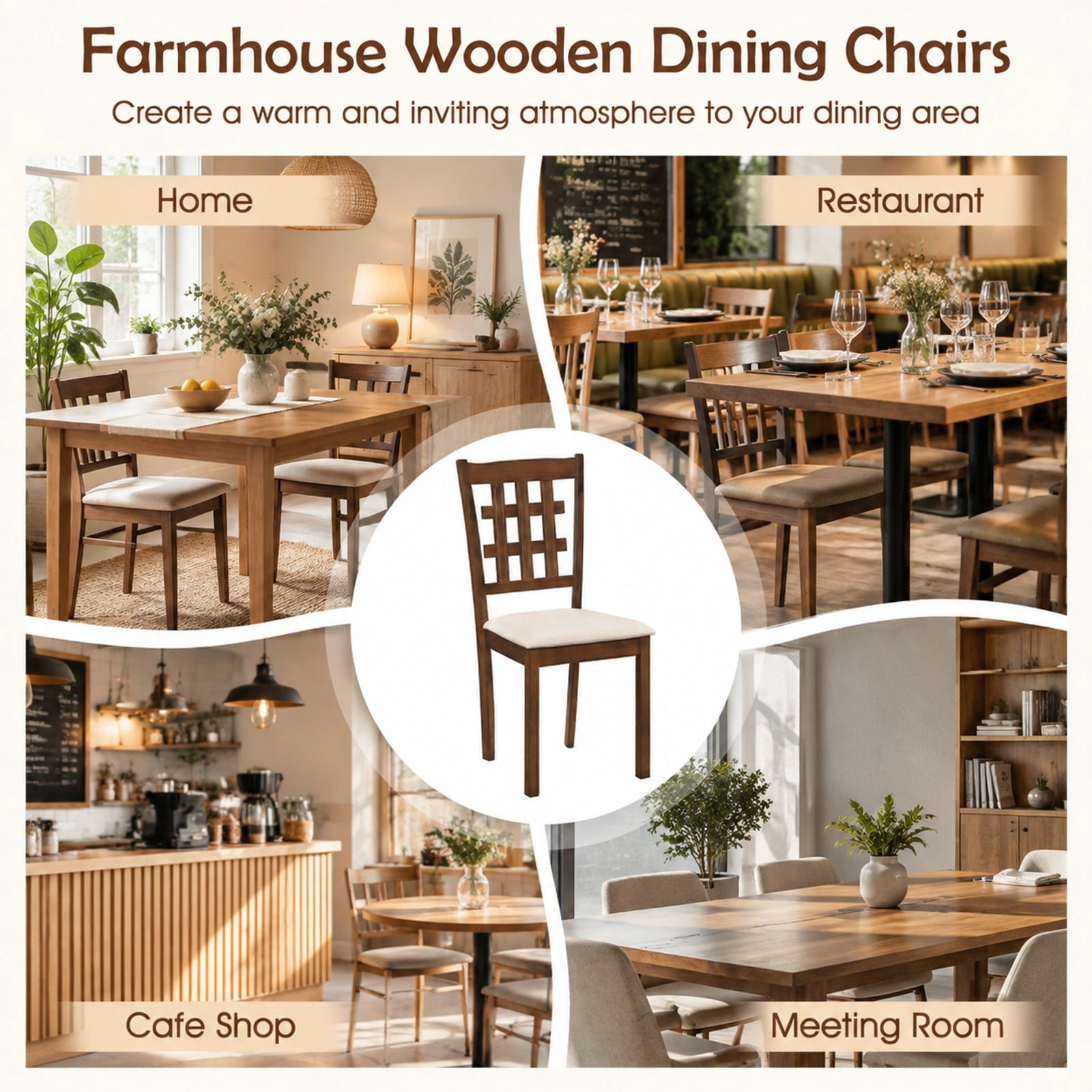 Fenbeli Set of 2 Wood Kitchen Chairs with Faux Leather Upholstered Seat, 265 lbs Capacity, Rubber Wood MDF Polyester Sponge Frame, Coffee