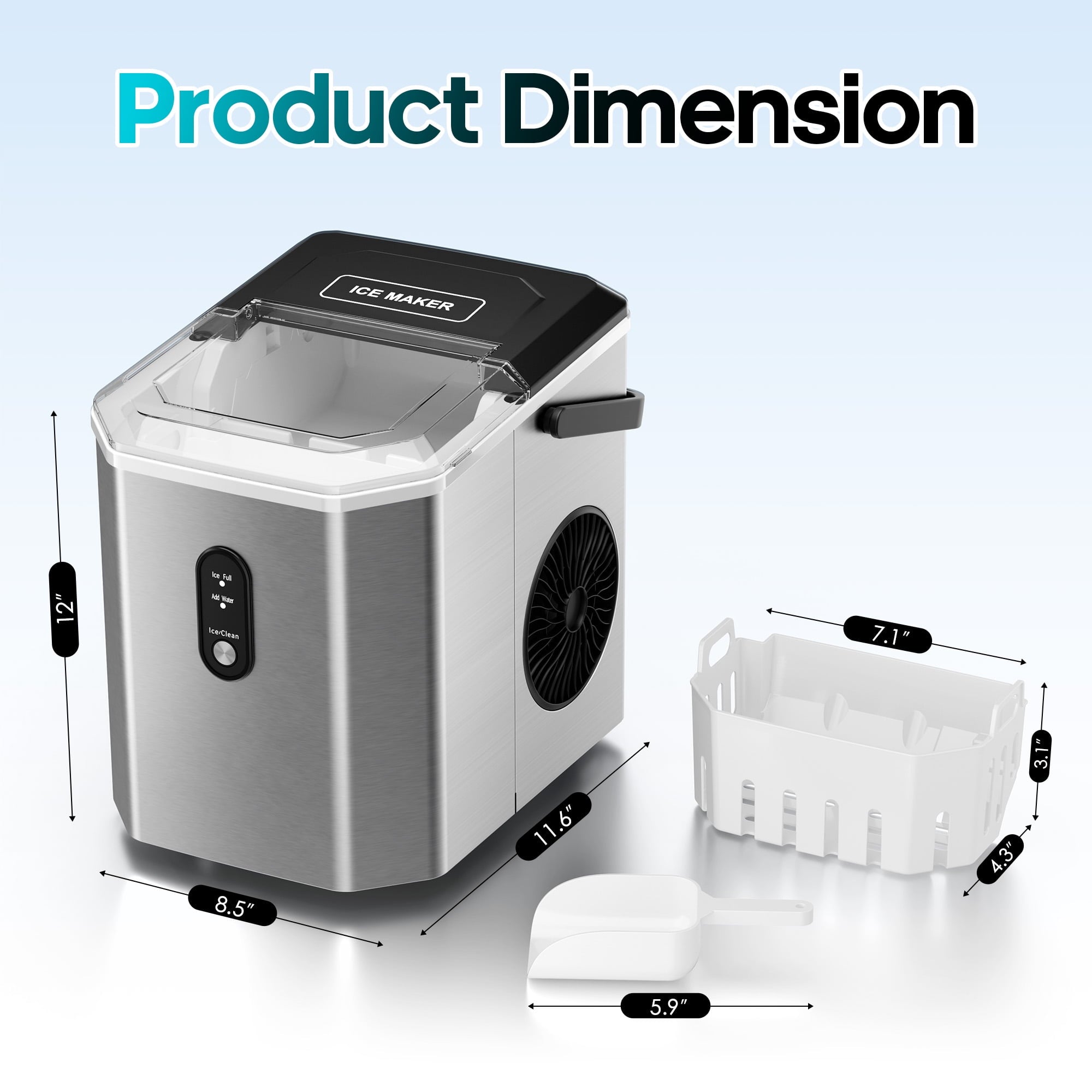 Fenbeli 26lbs/24H Countertop Ice Maker Machine with Handle, Portable Ice Maker Machine with Auto-Cleaning, Silver