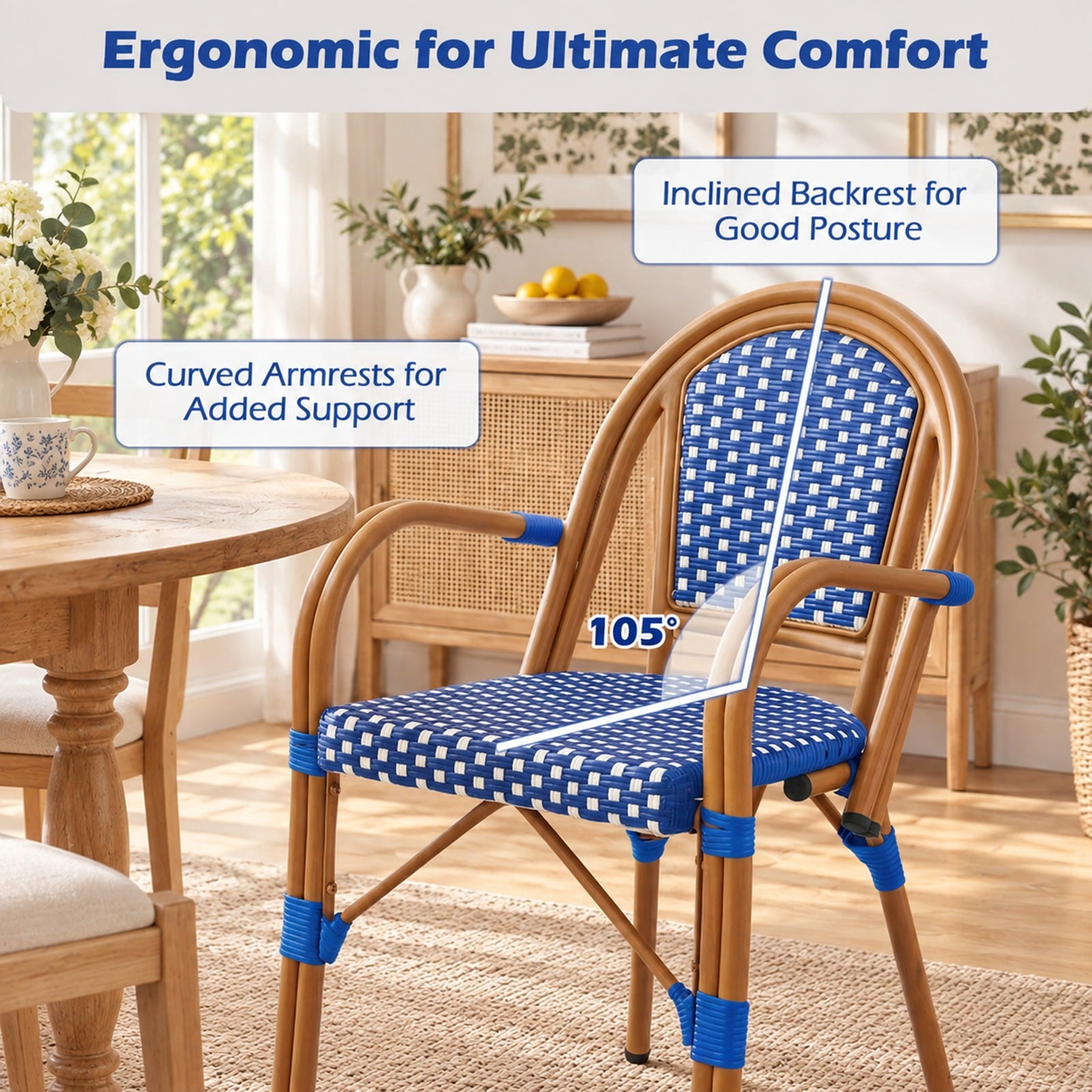 Fenbeli Hand-Woven PE Wicker Outdoor French Bistro Chairs Set of 2, Chair 400 lbs Capacity, PE Rattan Galvanized Metal Frame, Blue