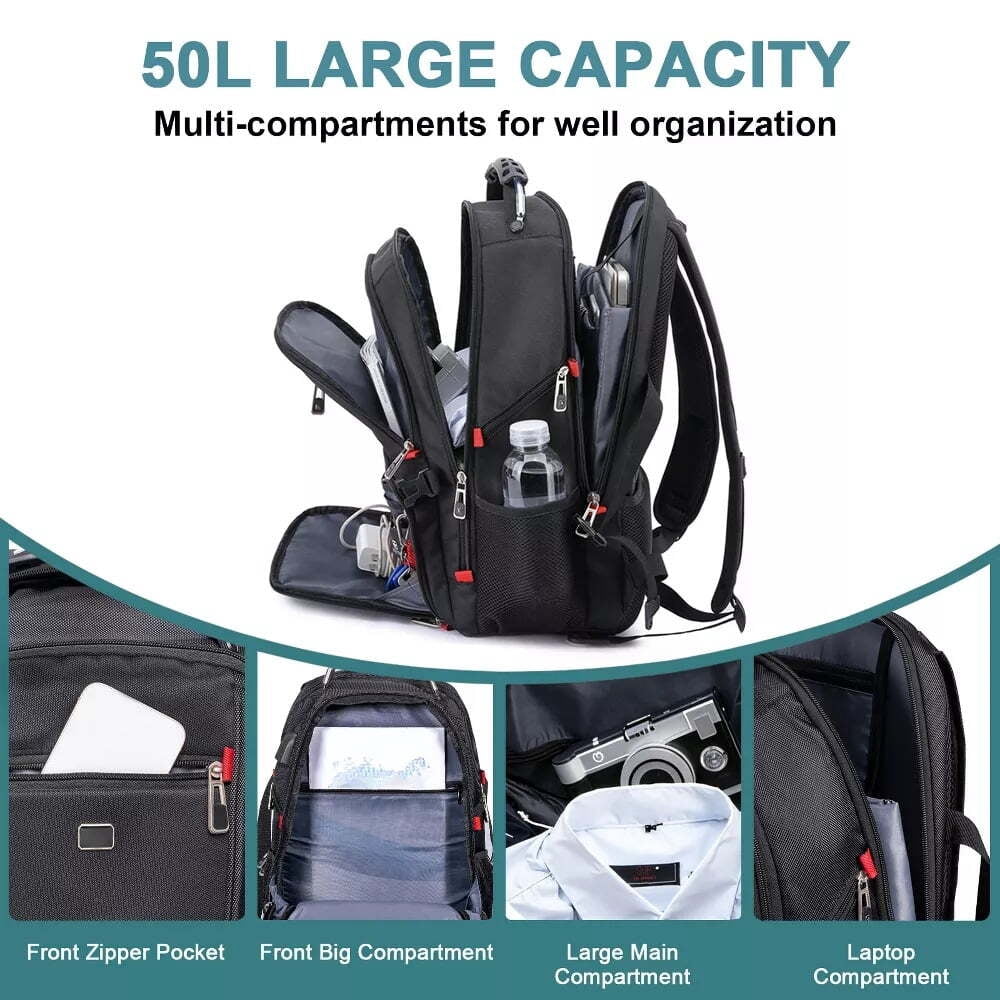 Fenbeli 50L Extra Large Travel Laptop Backpack, TSA Approved Carry On Backpack with USB Charging Port, Fits 17.3 Laptop, Water Resistant College Business Work Backpack for Men and Women, Black