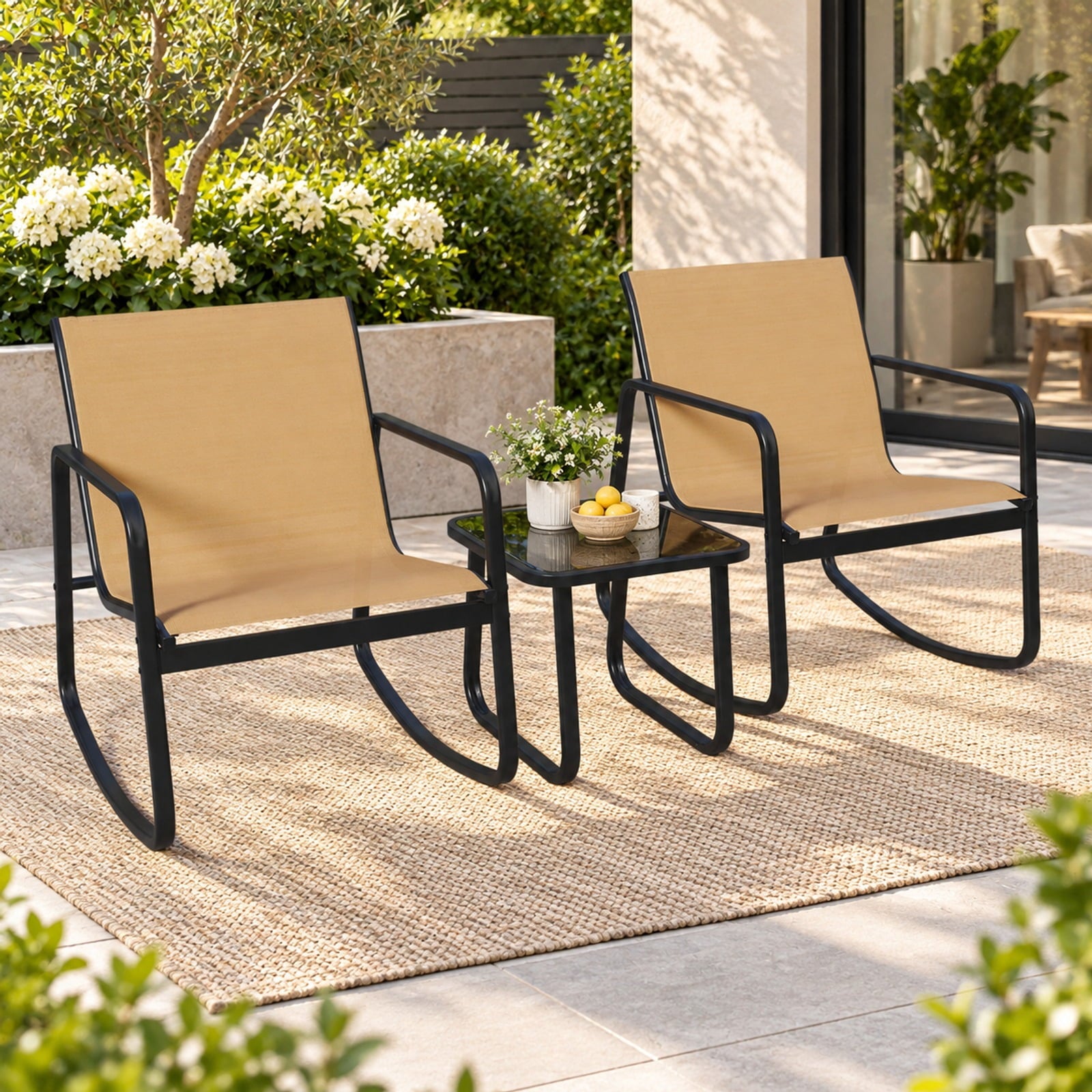 Fenbeli 2 Rocking Bistro Chairs and Glass-Top Table for Porch Yard Balcony, Rocking Chair 330 lbs Capacity, Metal Fabric Tempered Glass Frame, Brown