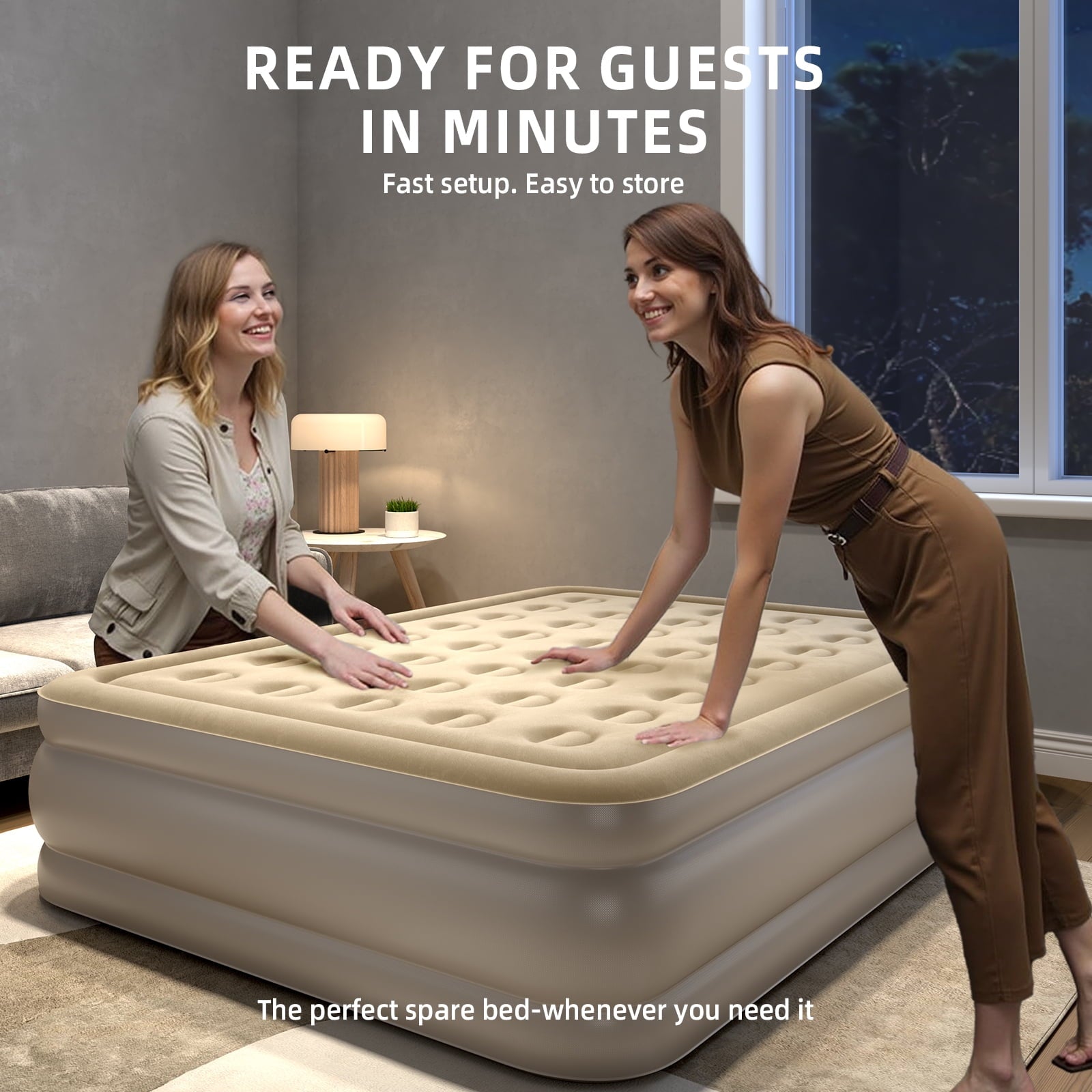 Fenbeli Queen Air Mattress with Built-in Pump, 18" Inflatable Air Bed with Rechargeable Pump & Camping Lamp, Portable Airbed for Home Camping Guests