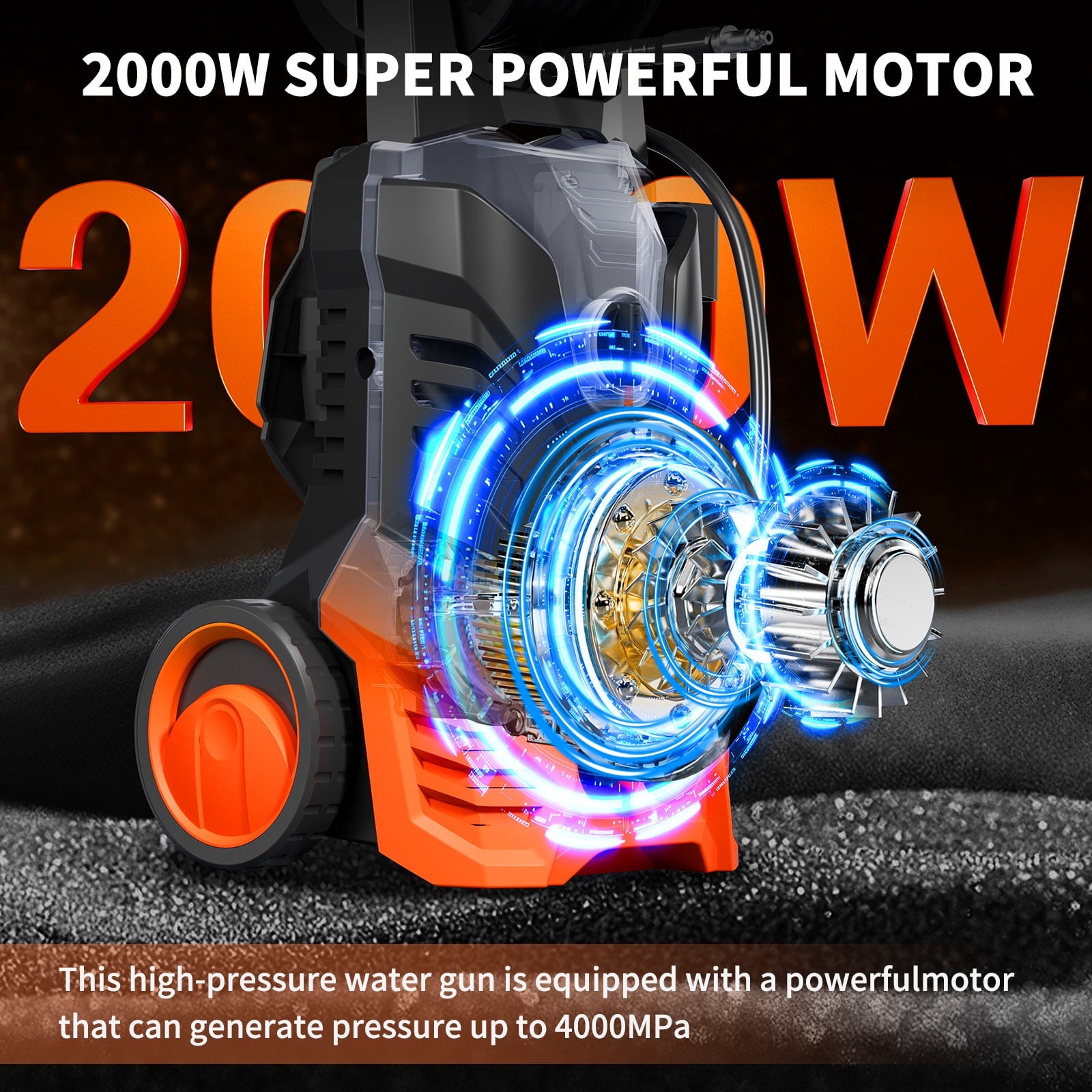 Fenbeli 3800 PSI Electric Pressure Washer - Lightweight with Wheels, Easy to Assemble, 2.0GPM, Includes 5 Nozzles for Cars, Fences, Driveways, Orange