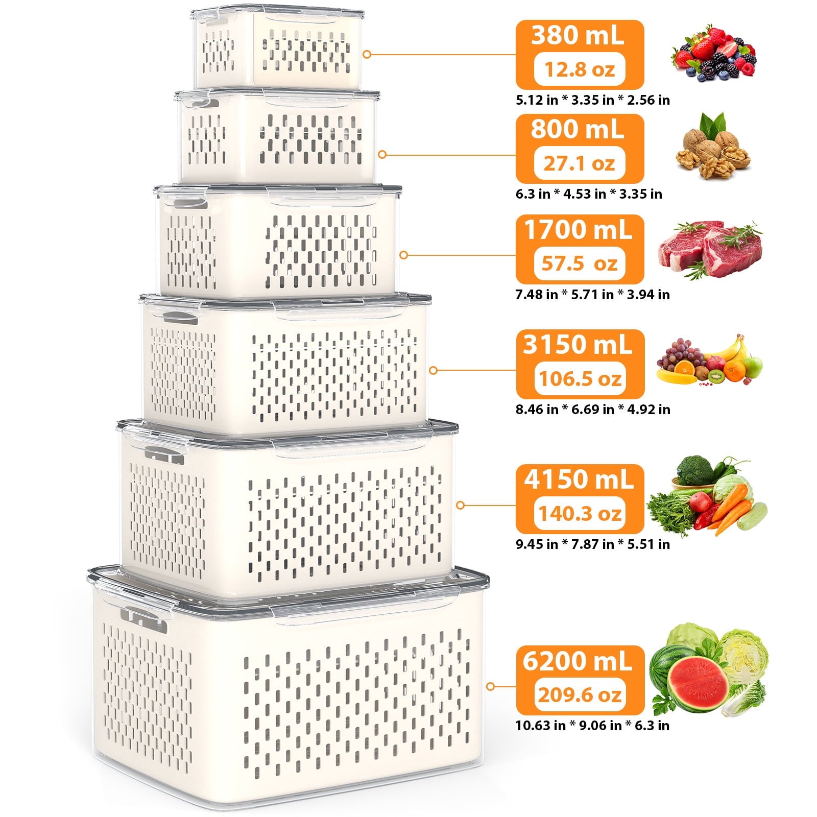 Fenbeli Fruit Vegetable Storage Containers for Fridge, 6 Pack Produce Saver with Lids and Removable Colander, BPA-Free Airtight Fresh Keeper with Adjustable Vent and Divider, Refrigerator Organizer Set