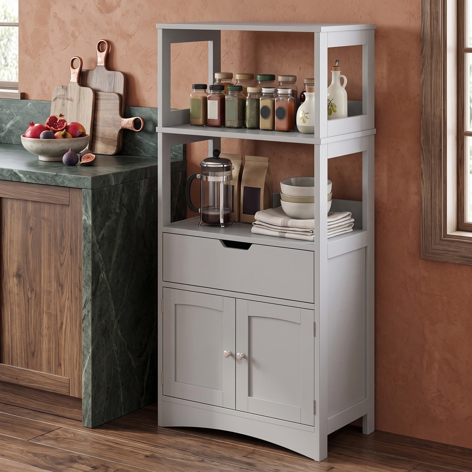Fenbeli Bathroom Storage Cabinet, Freestanding Floor Cabinet with 3 Open Shelves, Pull-Out Drawer and 2 Doors, Anti-Toppling Wooden Organizer for Bathroom Kitchen, Gray